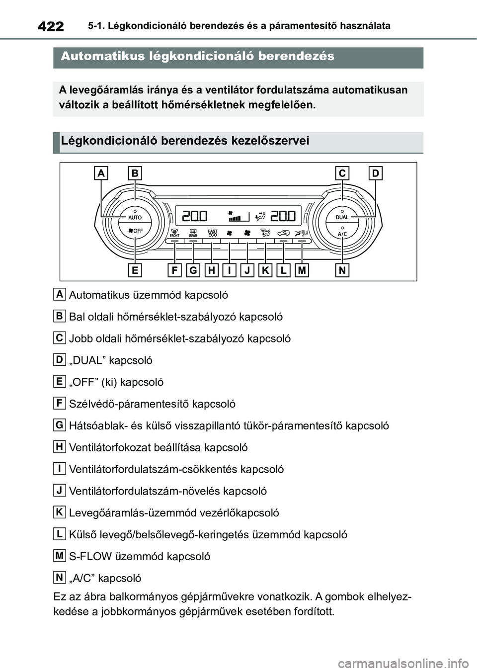 TOYOTA RAV4 2019  Kezelési útmutató (in Hungarian) 4225-1. Légkondicionáló berendezés és a páramentesítő használata
5-1.Légkondicionáló berendezés és a páramentesítő használata
Automatikus üzemmód kapcsoló
Bal oldali hőmérsékle