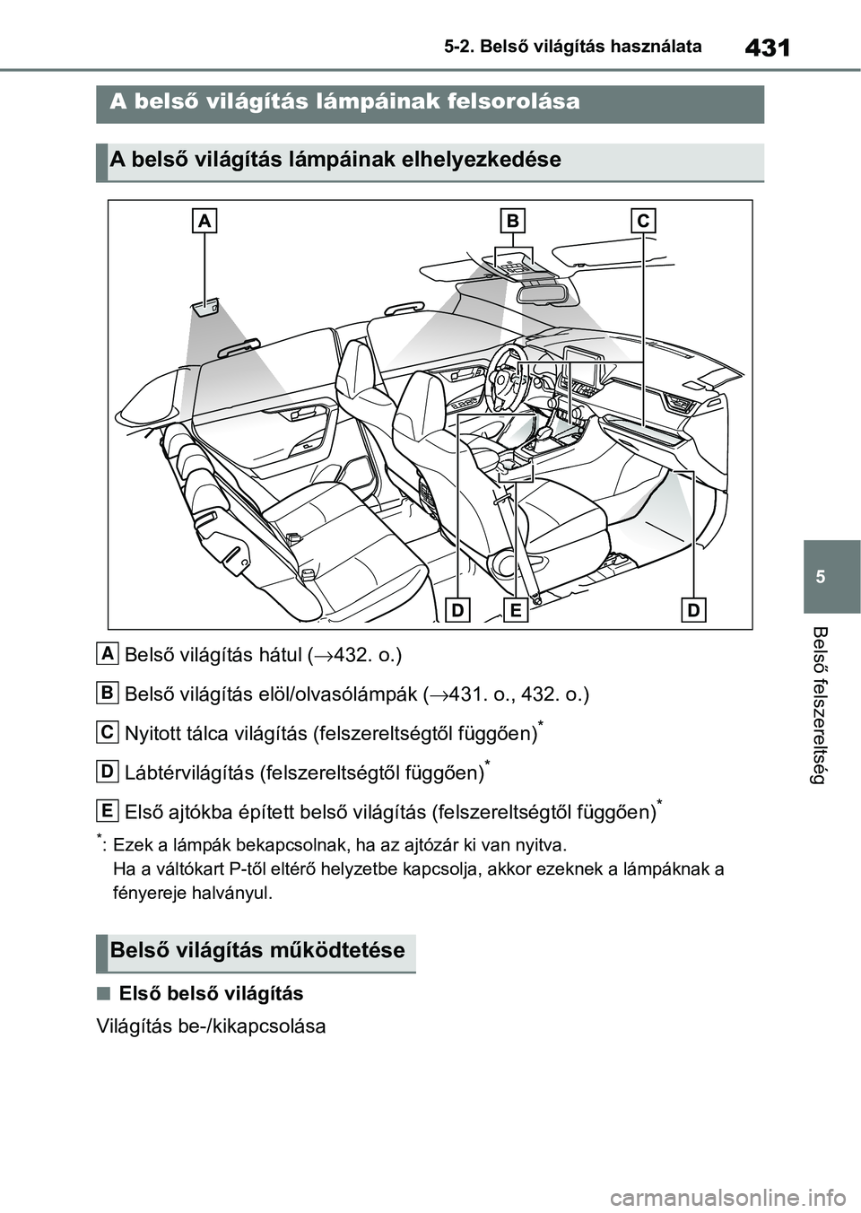 TOYOTA RAV4 2019  Kezelési útmutató (in Hungarian) 431
5
5-2. Belső világítás használata
Belső felszereltség
5-2.Belső világítás használata
Belső világítás hátul (
432. o.)
Belső világítás elöl/olvasólámpák ( 431. o., 43