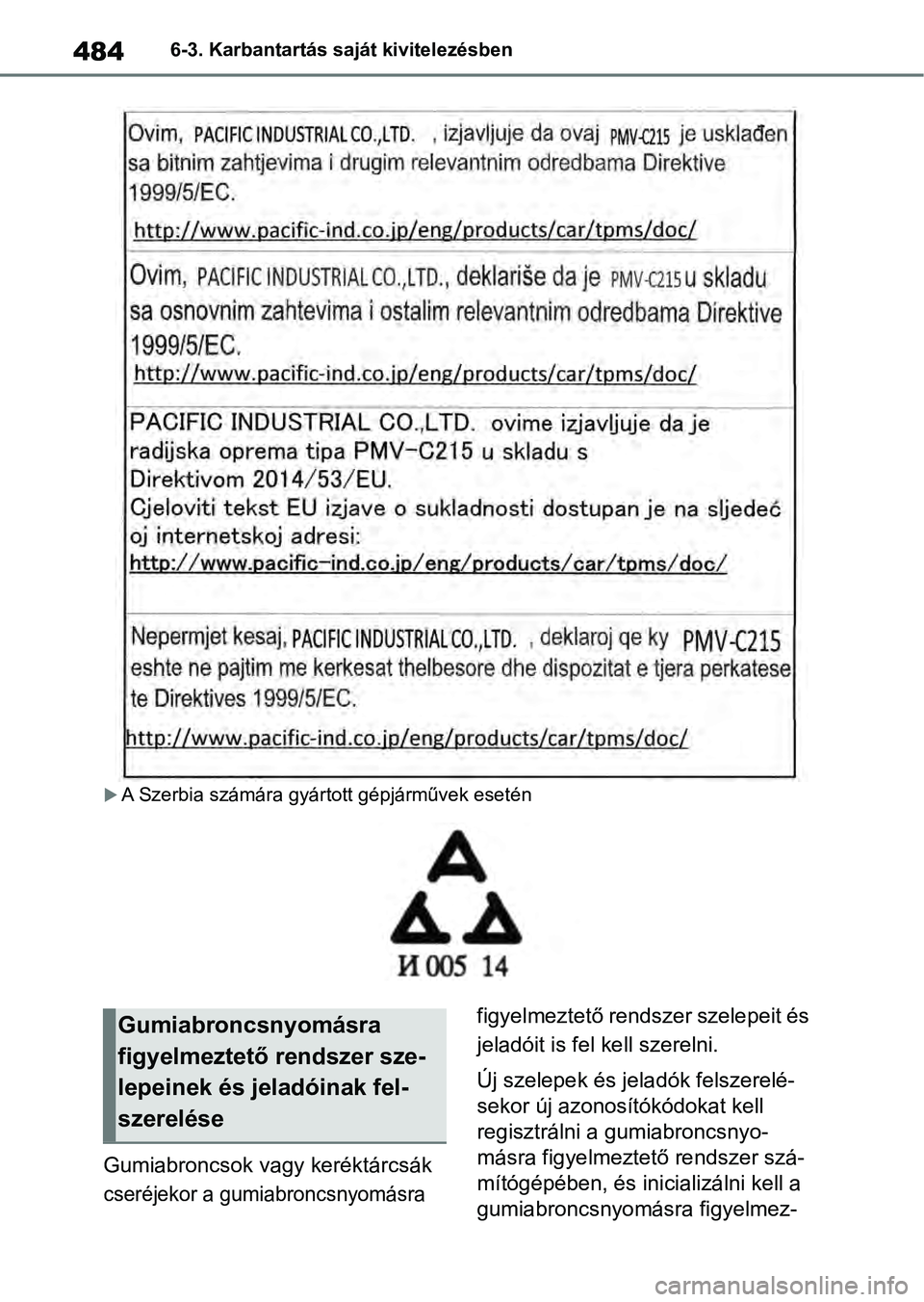 TOYOTA RAV4 2019  Kezelési útmutató (in Hungarian) 4846-3. Karbantartás saját kivitelezésben
A Szerbia számára gyártott gépjárművek esetén
Gumiabroncsok vagy keréktárcsák 
cseréjekor a gumiabroncsnyomásra figyelmeztető rendszer szel