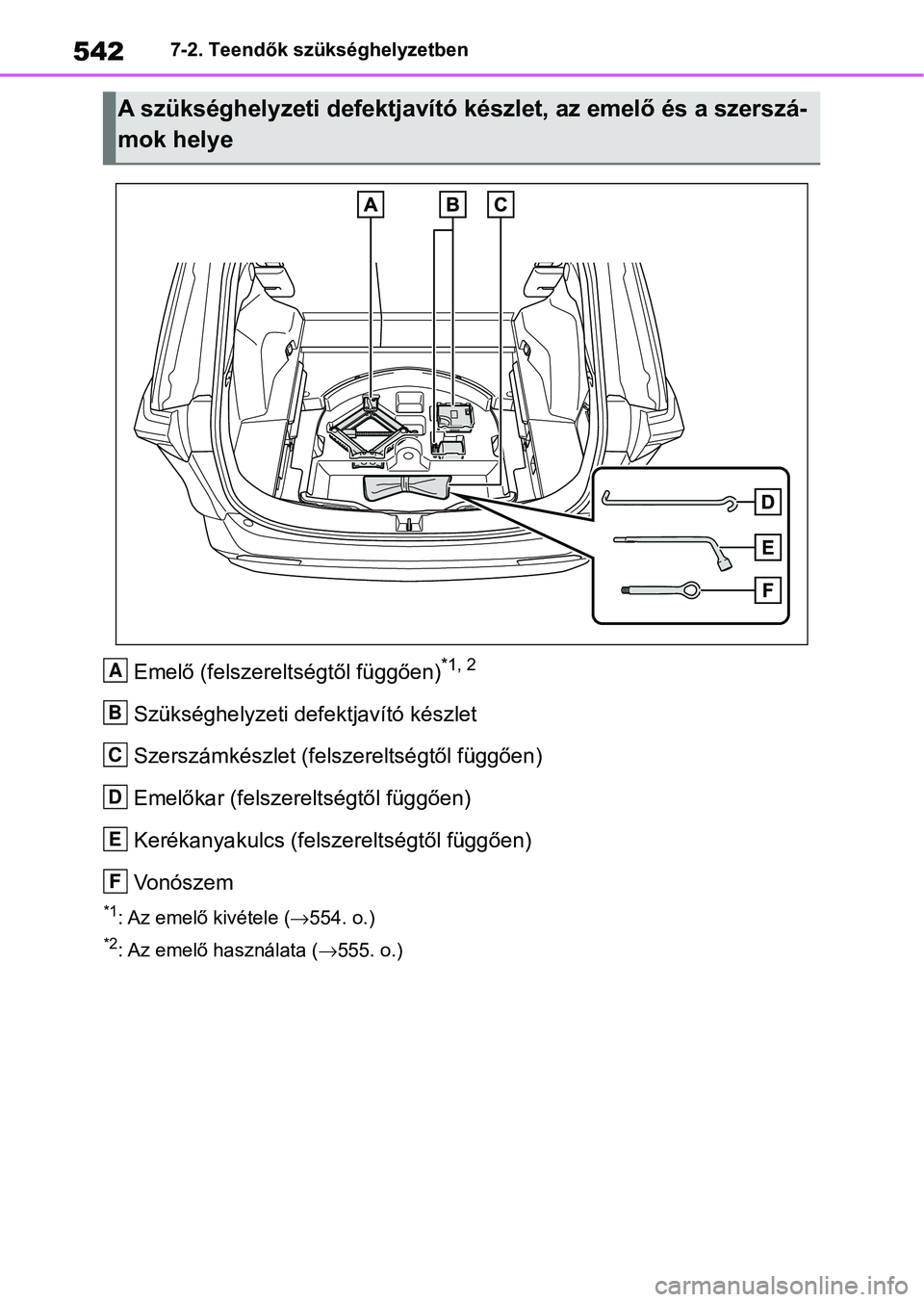 TOYOTA RAV4 2019  Kezelési útmutató (in Hungarian) 5427-2. Teendők szükséghelyzetben
Emelő (felszereltségtől függően)*1, 2
Szükséghelyzeti defektjavító készlet
Szerszámkészlet (felszereltségtől függően)
Emelőkar (felszereltségtől