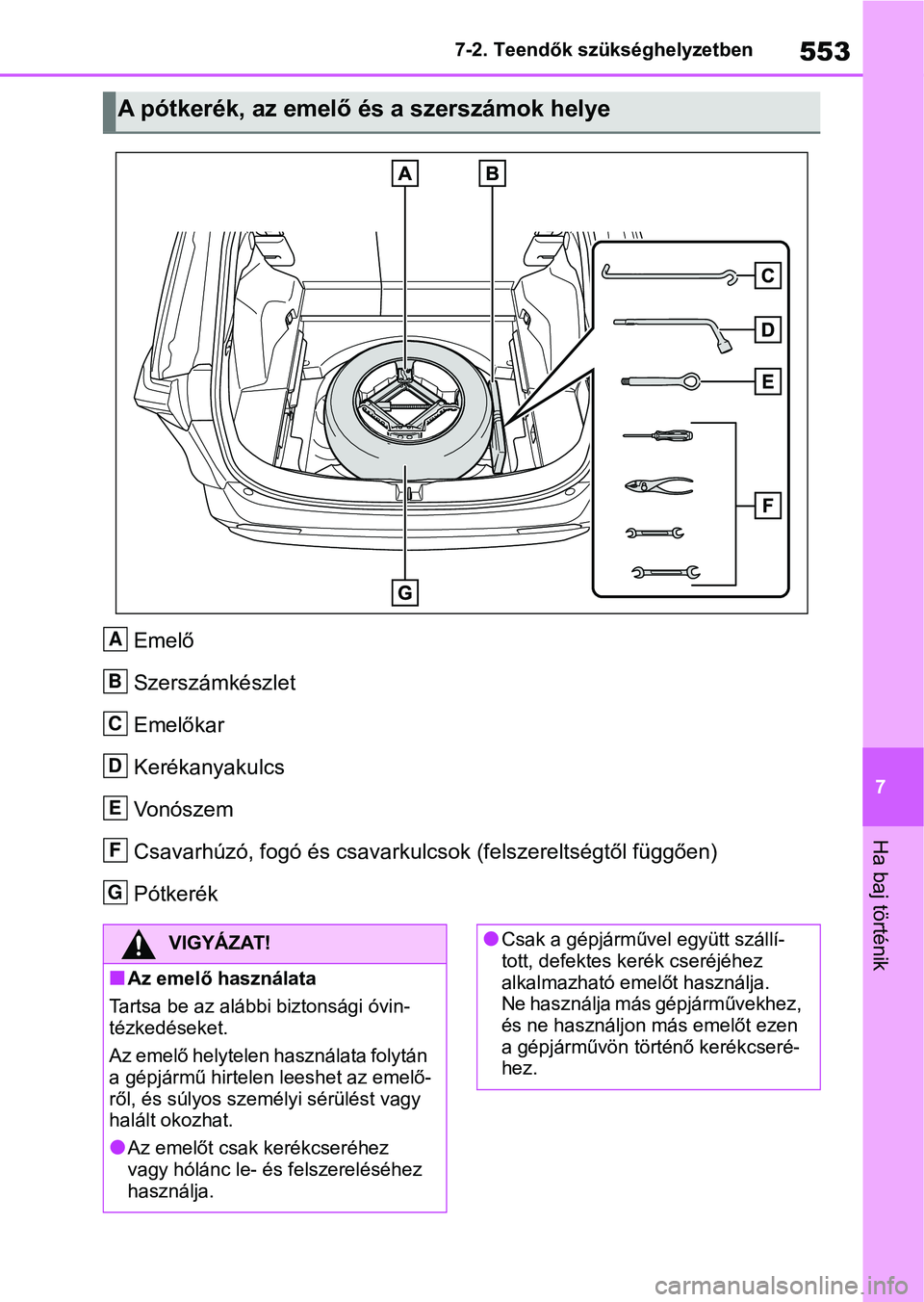 TOYOTA RAV4 2019  Kezelési útmutató (in Hungarian) 553
7
7-2. Teendők szükséghelyzetben
Ha baj történik
Emelő
Szerszámkészlet
Emelőkar
Kerékanyakulcs
Vonószem
Csavarhúzó, fogó és csavarkulcsok (felszereltségtől függően)
Pótkerék
A
