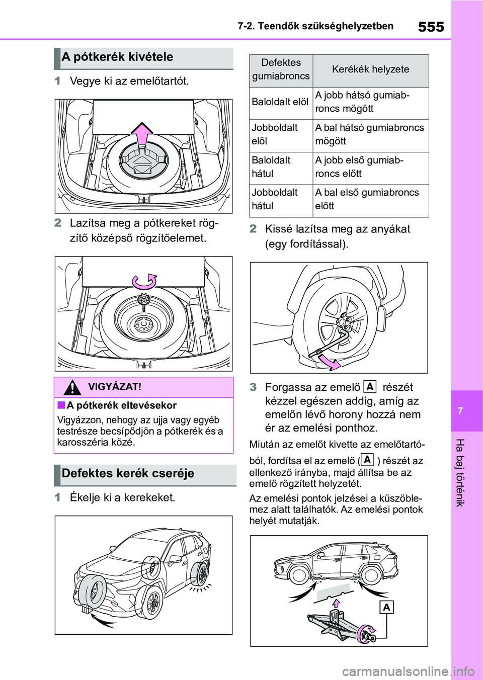 TOYOTA RAV4 2019  Kezelési útmutató (in Hungarian) 555
7
7-2. Teendők szükséghelyzetben
Ha baj történik
1
Vegye ki az emelőtartót.
2 Lazítsa meg a pótkereket rög-
zítő középső rögzítőelemet.
1 Ékelje ki a kerekeket. 2
Kissé lazíts