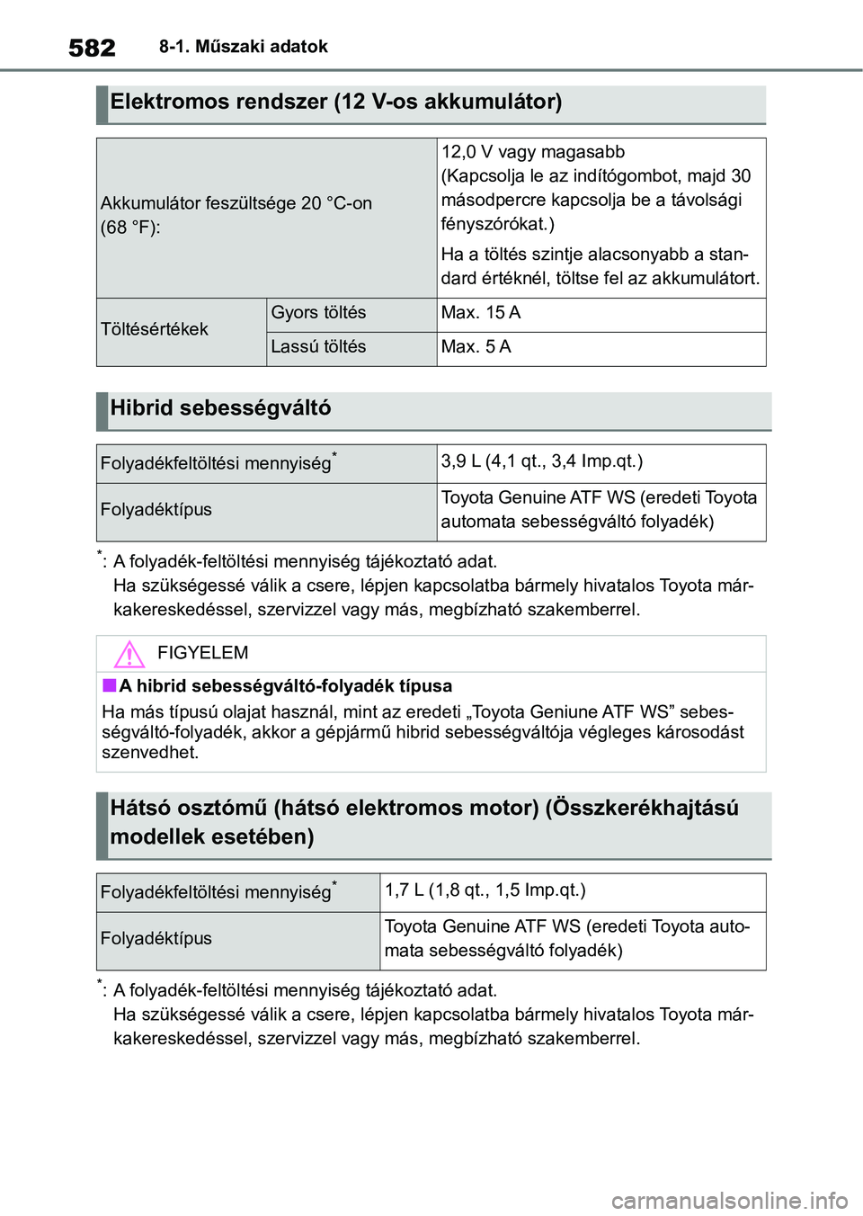 TOYOTA RAV4 2019  Kezelési útmutató (in Hungarian) 5828-1. Műszaki adatok
*: A folyadék-feltöltési mennyiség tájékoztató adat.Ha szükségessé válik a  csere, lépjen kapcsolatba bármely hivata los Toyota már-
kakereskedéssel, szerv izzel