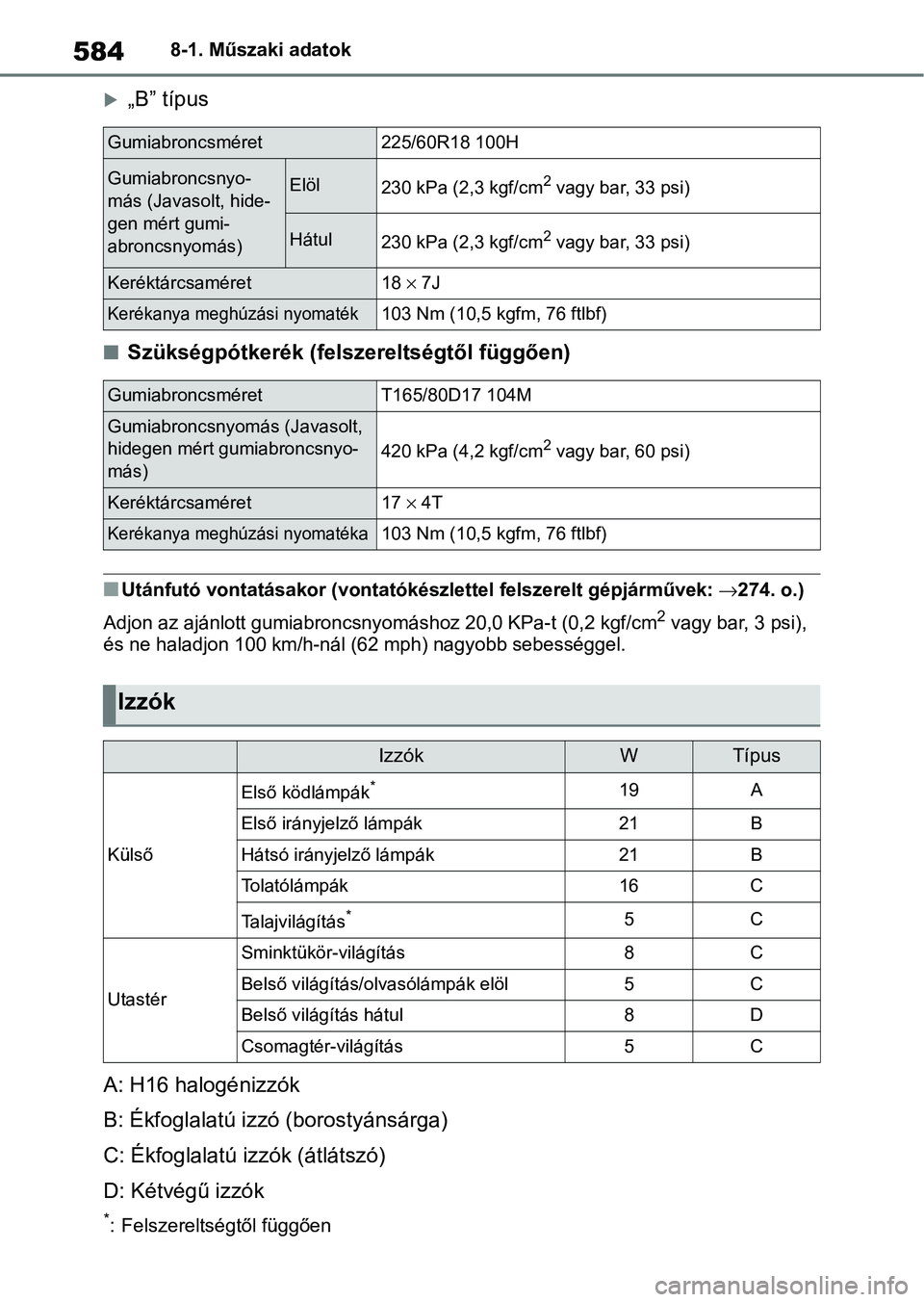 TOYOTA RAV4 2019  Kezelési útmutató (in Hungarian) 5848-1. Műszaki adatok
„B” típus
nSzükségpótkerék (felszereltségtől függően)
nUtánfutó vontatásakor (vontatókészlettel felszerelt gépjárművek: 274. o.)
Adjon az ajánlott g