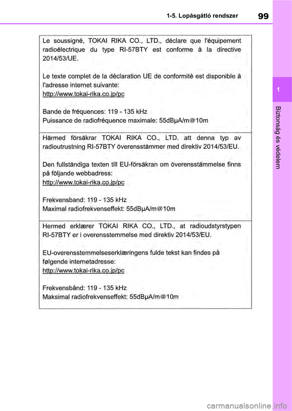 TOYOTA RAV4 2019  Kezelési útmutató (in Hungarian) 99
1
1-5. Lopásgátló rendszer
Biztonság és védelem 