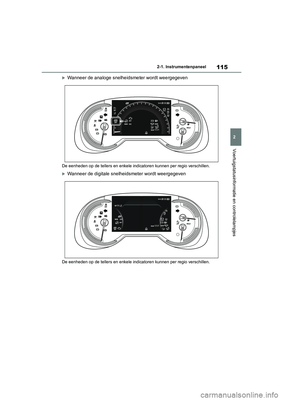 TOYOTA RAV4 2019  Instructieboekje (in Dutch) 115
2
2-1. Instrumentenpaneel
Voertuigstatusinformatie en controlelampjes
Wanneer de analoge snelheidsmeter wordt weergegeven
De eenheden op de tellers en enke
le indicatoren kunnen per regio versc