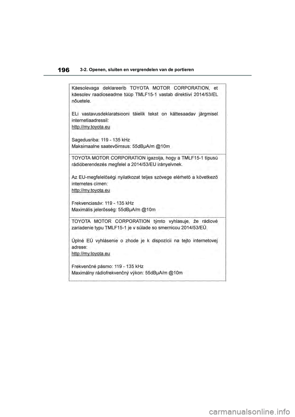 TOYOTA RAV4 2019  Instructieboekje (in Dutch) 1963-2. Openen, sluiten en vergrendelen van de portieren
pM_RAV4_OM_OM42D03E_(EE).book  Page 196  Wednesday, March 20, 2019  2:08 PM 