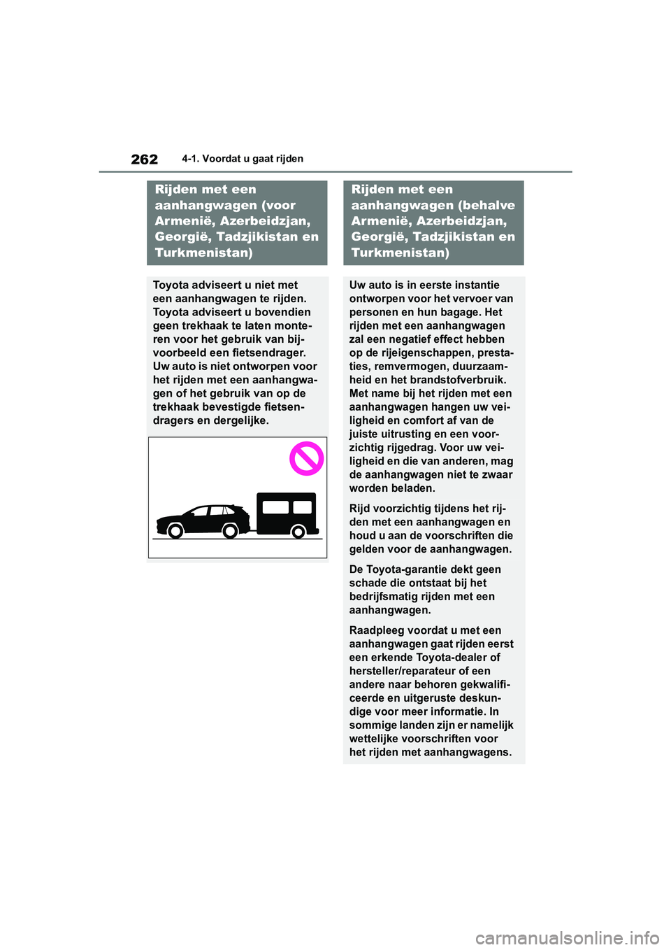 TOYOTA RAV4 2019  Instructieboekje (in Dutch) 2624-1. Voordat u gaat rijden
Rijden met een 
aanhangwagen (voor 
Armenië, Azerbeidzjan, 
Georgië, Tadzjikistan en 
Turkmenistan)
Toyota adviseert u niet met 
een aanhangwagen te rijden. 
Toyota adv