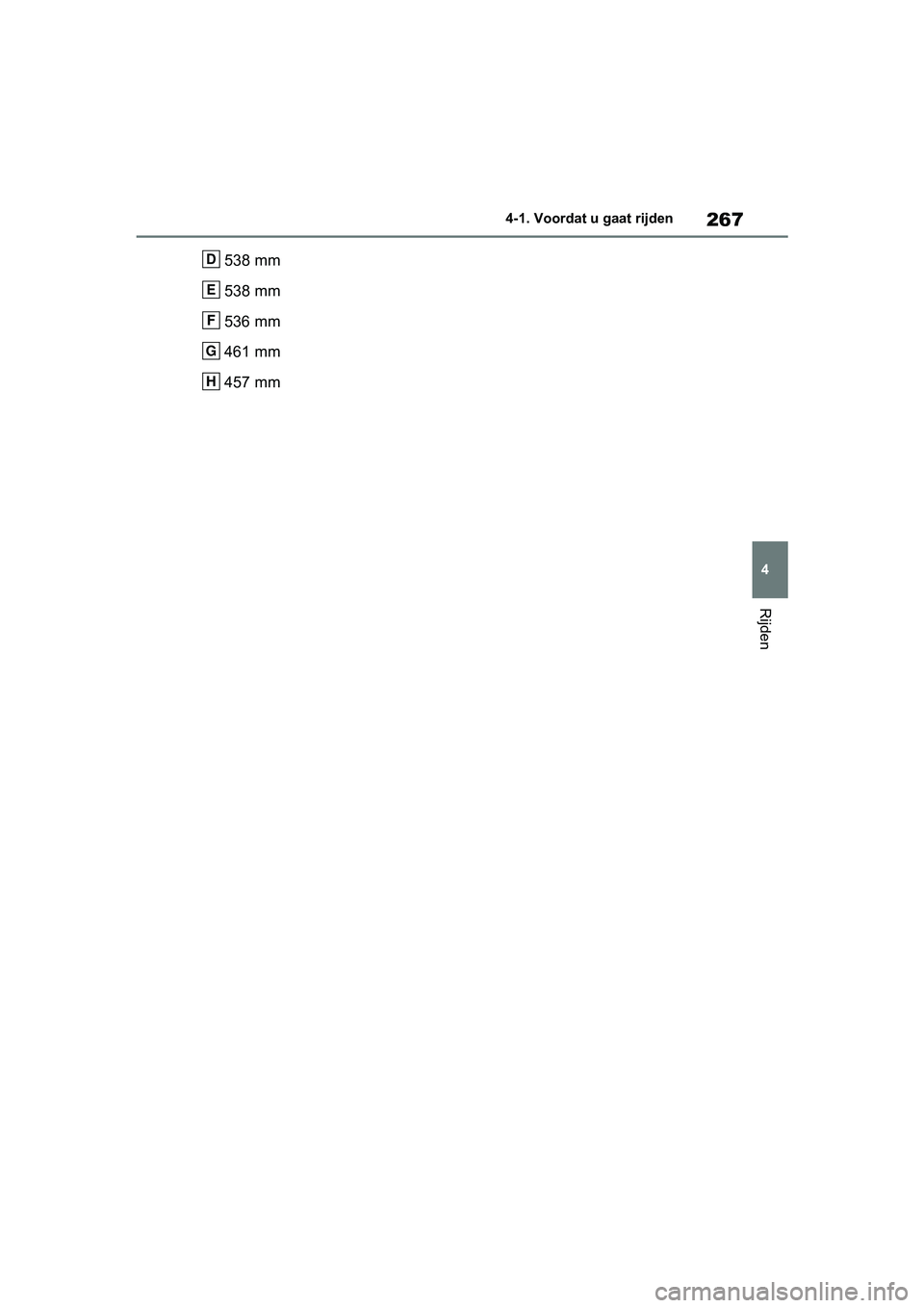 TOYOTA RAV4 2019  Instructieboekje (in Dutch) 267
4
4-1. Voordat u gaat rijden
Rijden
538 mm
538 mm
536 mm
461 mm
457 mmD
E
F
G
H
pM_RAV4_OM_OM42D03E_(EE).book  P
age 267  Wednesday, March 20, 2019  2:08 PM 