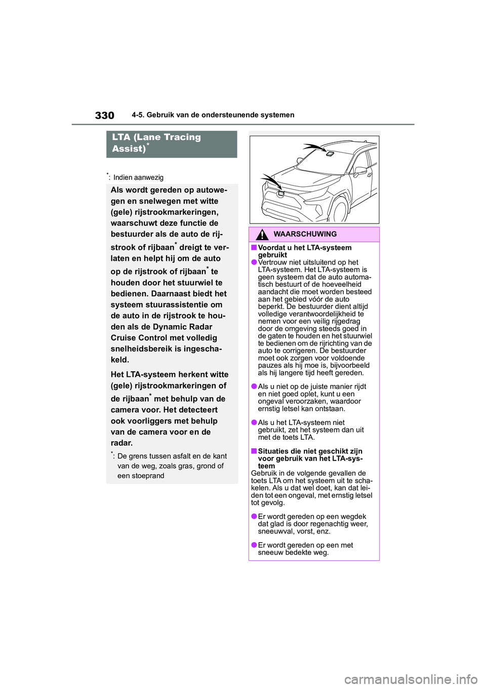 TOYOTA RAV4 2019  Instructieboekje (in Dutch) 3304-5. Gebruik van de ondersteunende systemen
*: Indien aanwezig
LTA (Lane Tracing 
Assist)*
Als wordt gereden op autowe-
gen en snelwegen met witte 
(gele) rijstrookmarkeringen, 
waarschuwt deze fun