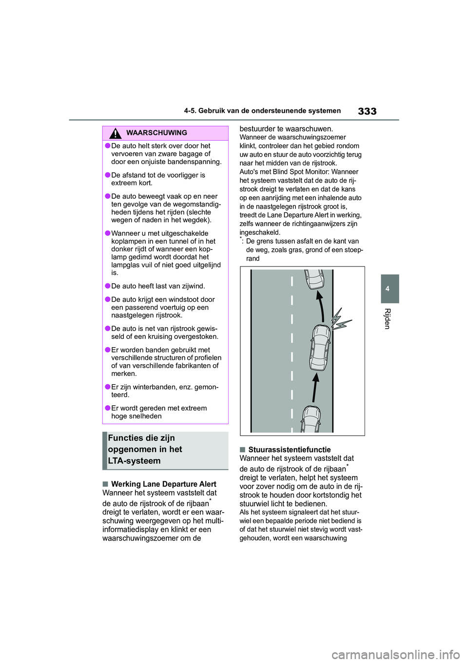 TOYOTA RAV4 2019  Instructieboekje (in Dutch) 333
4
4-5. Gebruik van de ondersteunende systemen
Rijden
■Werking Lane Departure Alert
Wanneer het systeem vaststelt dat 
de auto de rijstrook of de rijbaan* 
dreigt te verlaten, wordt er een waar-
