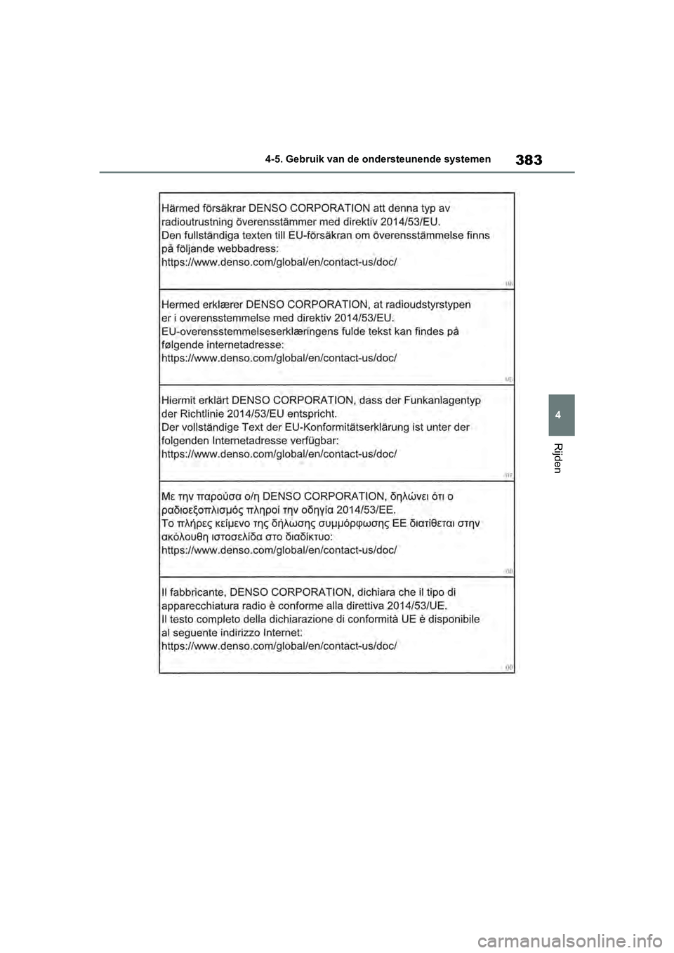 TOYOTA RAV4 2019  Instructieboekje (in Dutch) 383
4
4-5. Gebruik van de ondersteunende systemen
Rijden
pM_RAV4_OM_OM42D03E_(EE).book  P
age 383  Wednesday, March 20, 2019  2:08 PM 