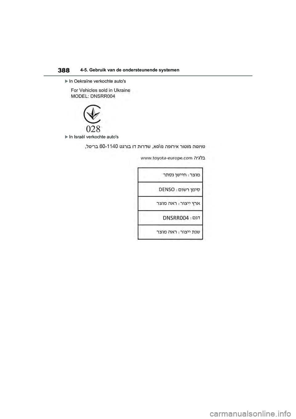 TOYOTA RAV4 2019  Instructieboekje (in Dutch) 3884-5. Gebruik van de ondersteunende systemen
In Oekraïne verkochte auto's
In Israël verkochte auto's
pM_RAV4_OM_OM42D03E_(EE).book  Page 388  Wednesday, March 20, 2019  2:08 PM 