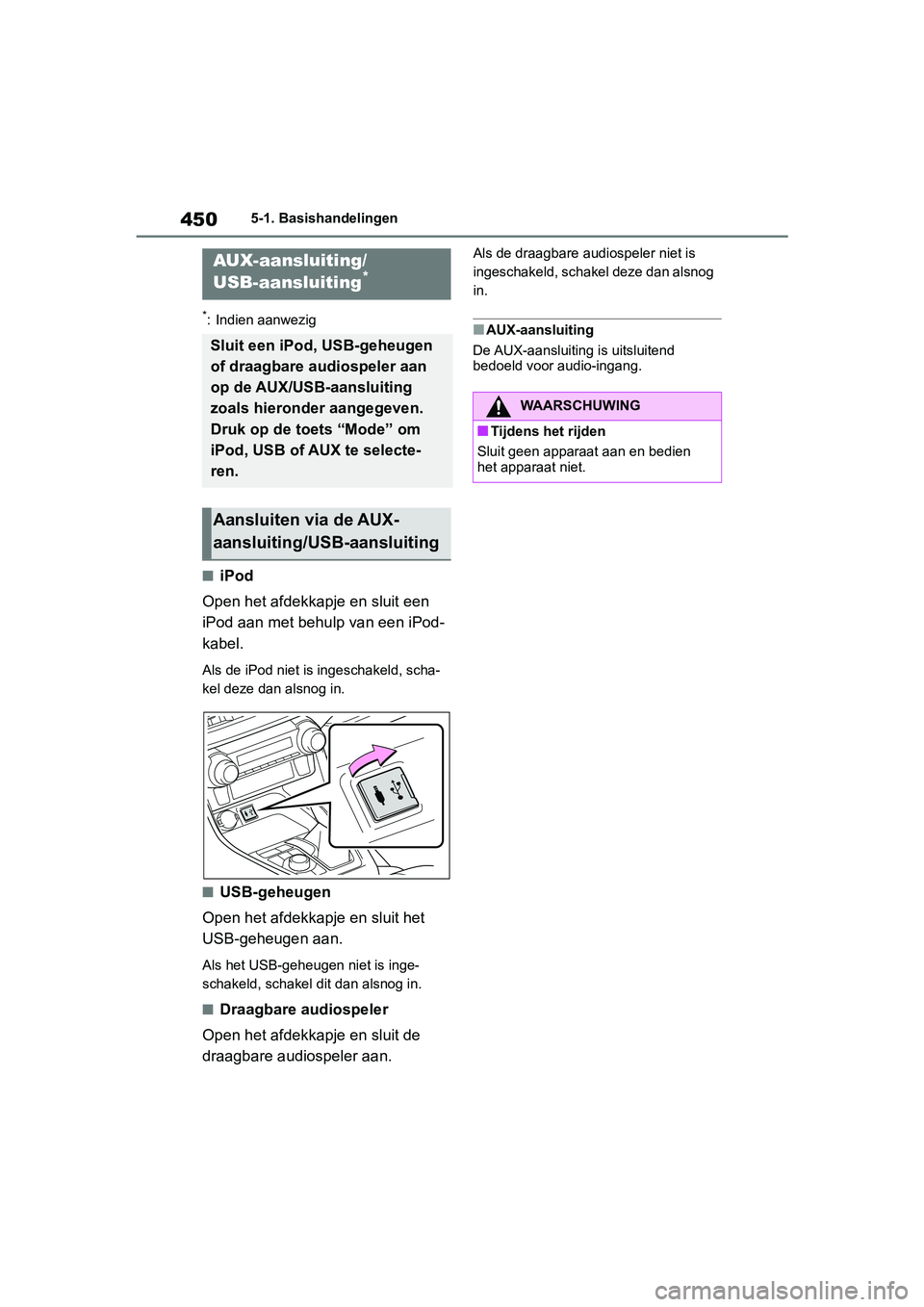 TOYOTA RAV4 2019  Instructieboekje (in Dutch) 4505-1. Basishandelingen
*: Indien aanwezig
■iPod
Open het afdekkapj e en sluit een 
iPod aan met behulp van een iPod-
kabel.
Als de iPod niet is ingeschakeld, scha-
kel deze dan alsnog in.
■USB-g
