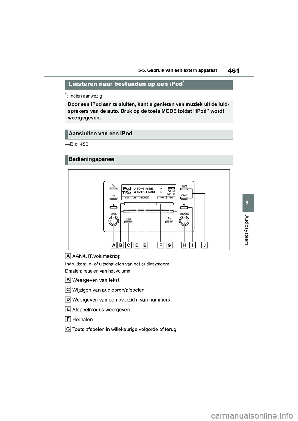 TOYOTA RAV4 2019  Instructieboekje (in Dutch) 461
5
5-5. Gebruik van een extern apparaat
Audiosysteem
5-5.Gebruik van een extern apparaat
*: Indien aanwezig
→
Blz. 450
AAN/UIT/volumeknop
Indrukken: In- of uitscha kelen van het audiosysteem
Draa