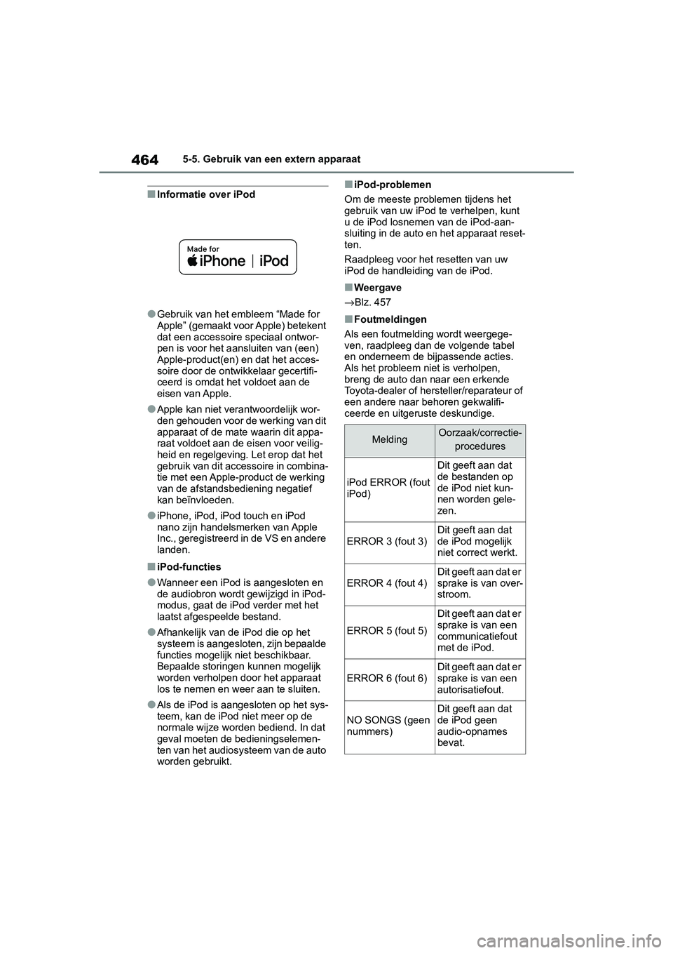 TOYOTA RAV4 2019  Instructieboekje (in Dutch) 4645-5. Gebruik van een extern apparaat
■Informatie over iPod
●Gebruik van het embleem “Made for 
Apple” (gemaakt voor Apple) betekent 
dat een accessoire speciaal ontwor-
pen is voor het aans