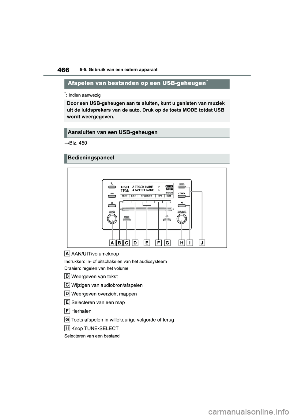 TOYOTA RAV4 2019  Instructieboekje (in Dutch) 4665-5. Gebruik van een extern apparaat
*: Indien aanwezig
→Blz. 450
AAN/UIT/volumeknop
Indrukken: In- of uitscha kelen van het audiosysteem
Draaien: regelen van het volume
Weergeven van tekst
Wijzi