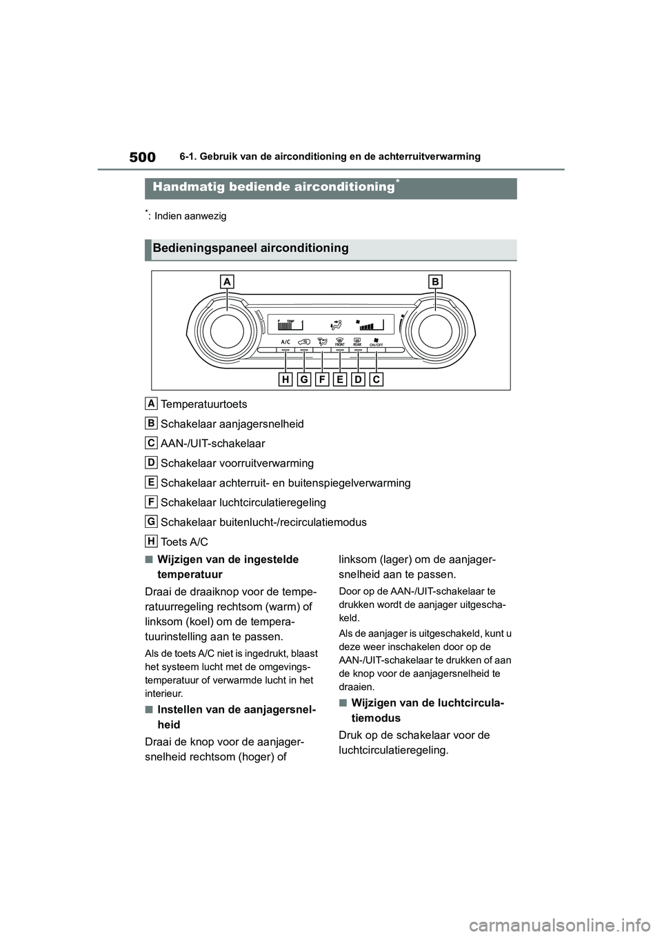 TOYOTA RAV4 2019  Instructieboekje (in Dutch) 5006-1. Gebruik van de airconditioning en de achterruitverwarming
6-1.Gebruik van de airconditioning en de achterruitverwarming
*: Indien aanwezig
Temperatuurtoets
Schakelaar aanjagersnelheid
AAN-/UIT