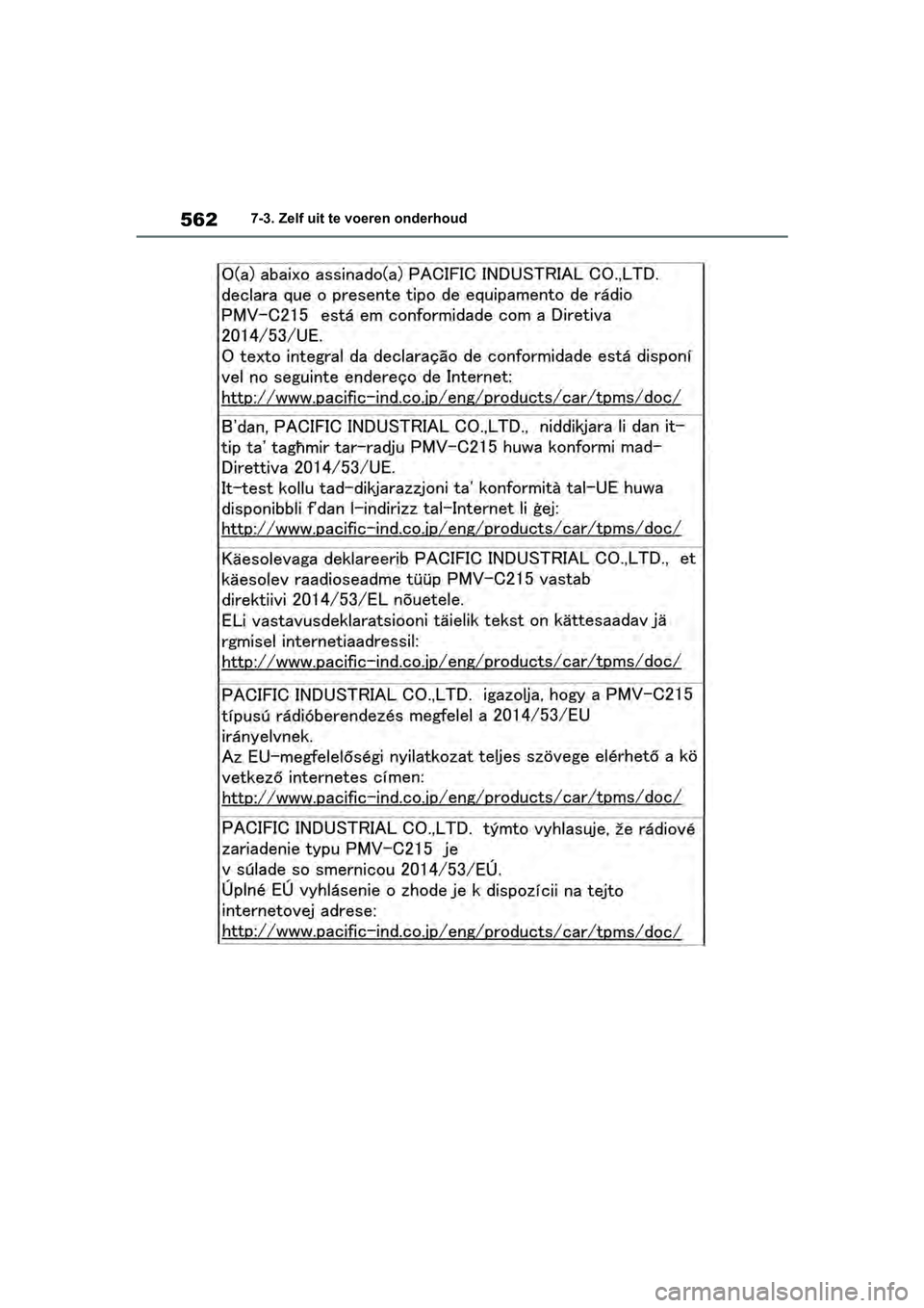 TOYOTA RAV4 2019  Instructieboekje (in Dutch) 5627-3. Zelf uit te voeren onderhoud
pM_RAV4_OM_OM42D03E_(EE).book  Page 562  Wednesday, March 20, 2019  2:08 PM 