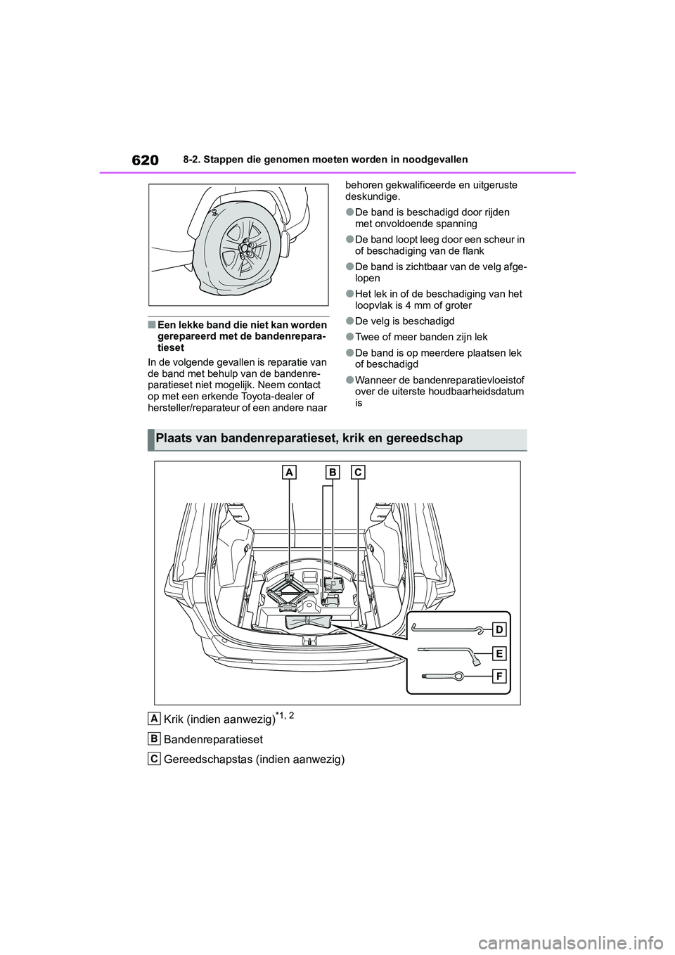 TOYOTA RAV4 2019  Instructieboekje (in Dutch) 6208-2. Stappen die genomen moeten worden in noodgevallen
■Een lekke band die niet kan worden 
gerepareerd met de bandenrepara-
tieset
In de volgende gevallen is reparatie van 
de band met behulp va