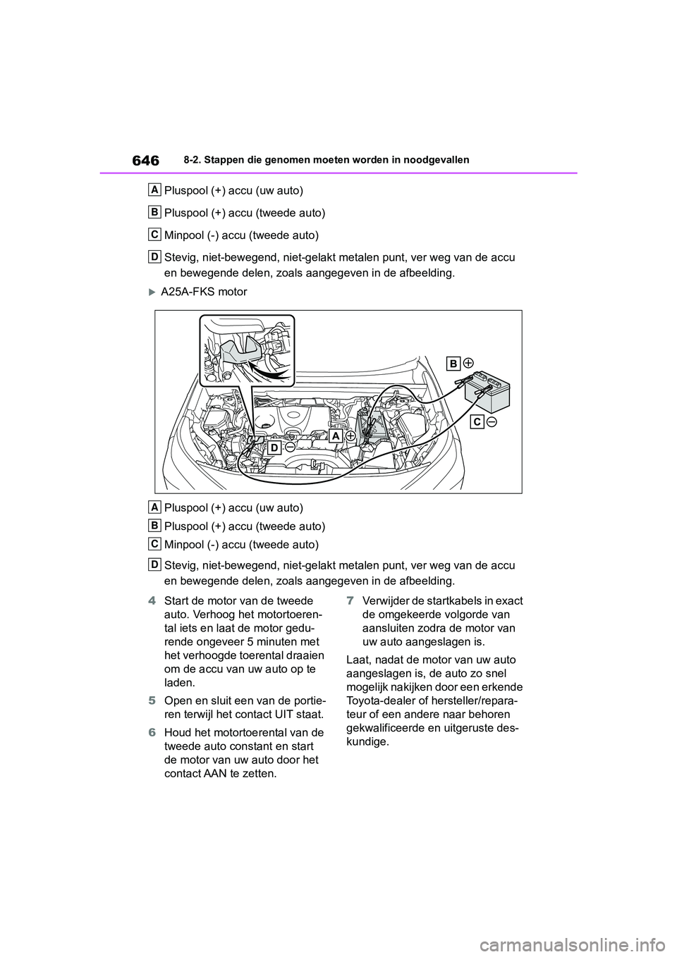 TOYOTA RAV4 2019  Instructieboekje (in Dutch) 6468-2. Stappen die genomen moeten worden in noodgevallen
Pluspool (+) accu (uw auto)
Pluspool (+) accu (tweede auto)
Minpool (-) accu (tweede auto)
Stevig, niet-bewegend, niet-gelakt metalen punt, ve