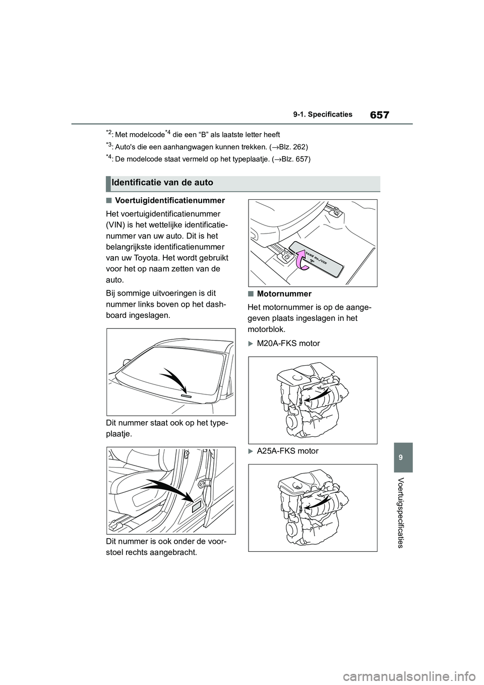 TOYOTA RAV4 2019  Instructieboekje (in Dutch) 657
9
9-1. Specificaties
Voertuigspecificaties
*2: Met modelcode*4 die een “B” als l
aatste letter heeft
*3: Auto's die een aanhangwagen kunnen trekken. ( →Blz. 262)
*4: De modelcode staat v