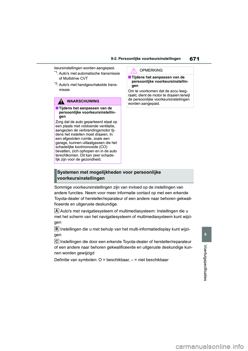 TOYOTA RAV4 2019  Instructieboekje (in Dutch) 671
9
9-2. Persoonlijke vo
orkeursinstellingen
Voertuigspecificaties
keursinstellingen worden aangepast.*1: Auto's met automatische transmissie 
of Multidrive CVT
*2: Auto's met handgeschakeld