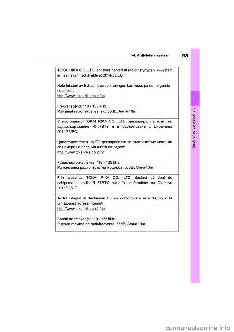 TOYOTA RAV4 2019  Instructieboekje (in Dutch) 93
1
1-4. Antidiefstalsysteem
Veiligheid en beveiliging
pM_RAV4_OM_OM42D03E_(EE).book  P
age 93  Wednesday, March 20, 2019  2:08 PM 