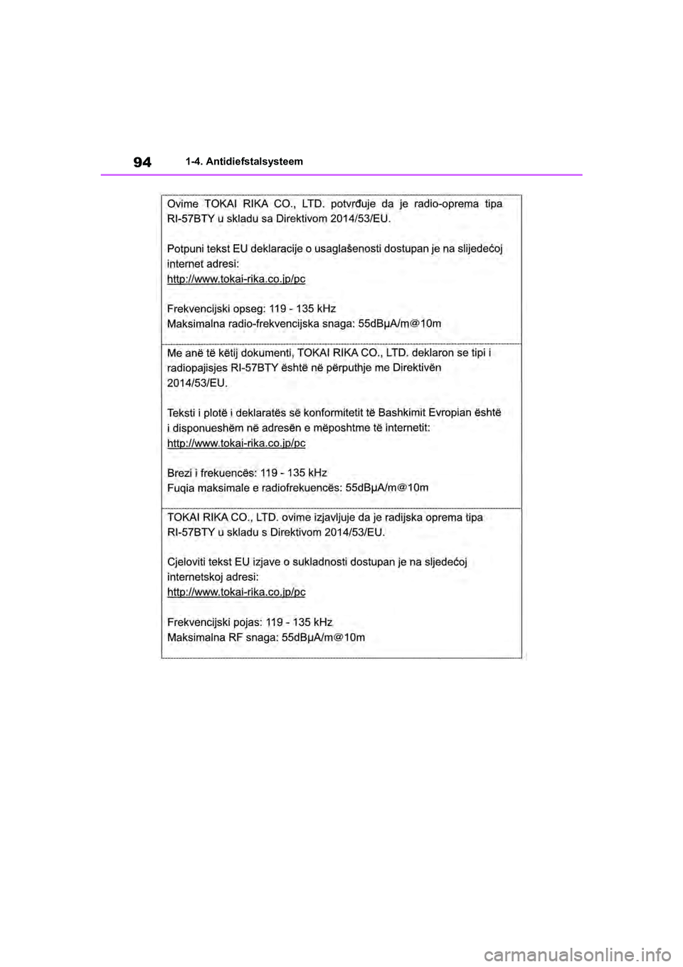 TOYOTA RAV4 2019  Instructieboekje (in Dutch) 941-4. Antidiefstalsysteem
pM_RAV4_OM_OM42D03E_(EE).book  Page 94  Wednesday, March 20, 2019  2:08 PM 