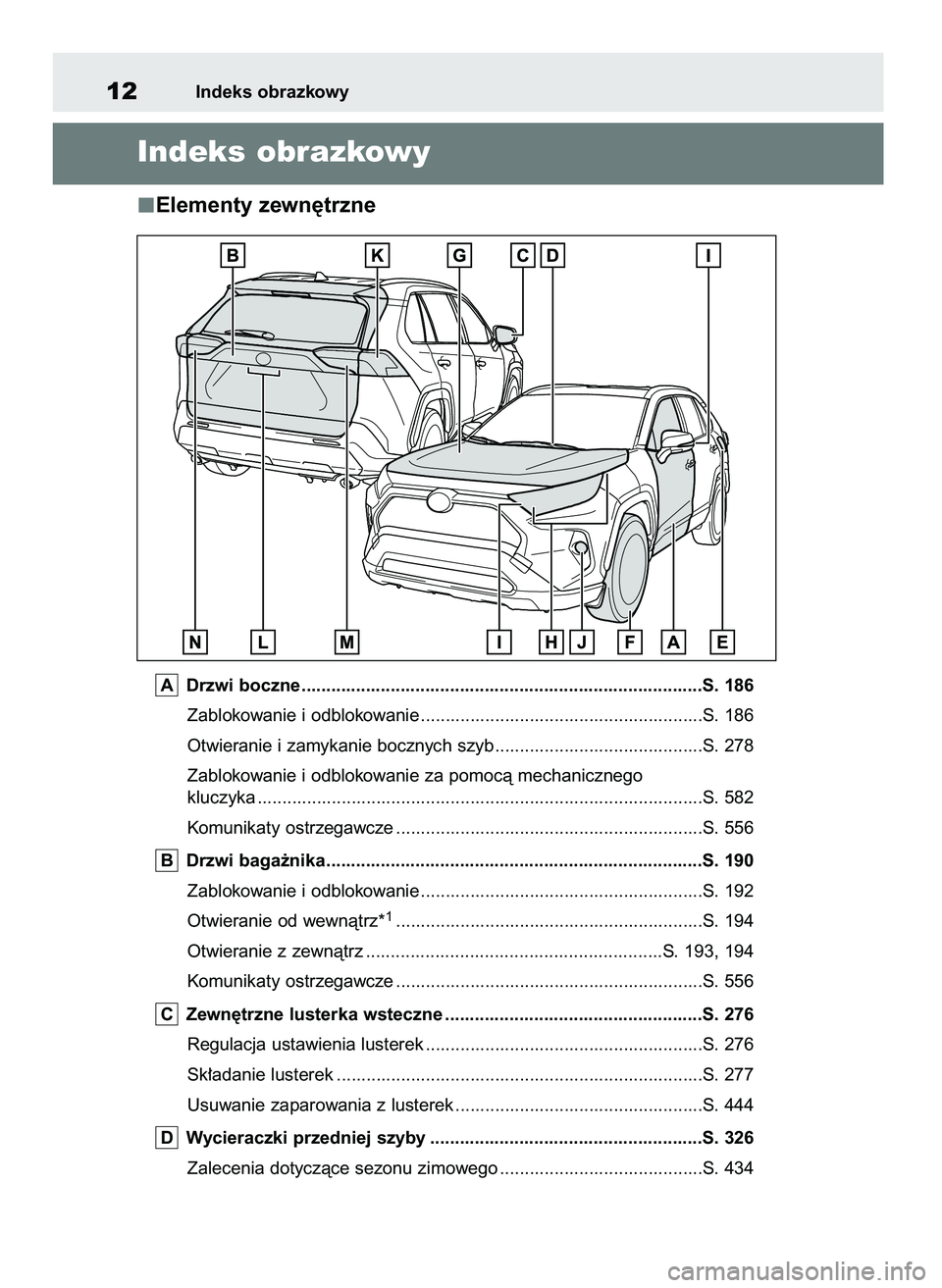 TOYOTA RAV4 2019  Instrukcja obsługi (in Polish) Elementy zewn´trzne
Drzwi boczne .................................................................................S. 186
Zablokowanie i odblokowanie ..................................................