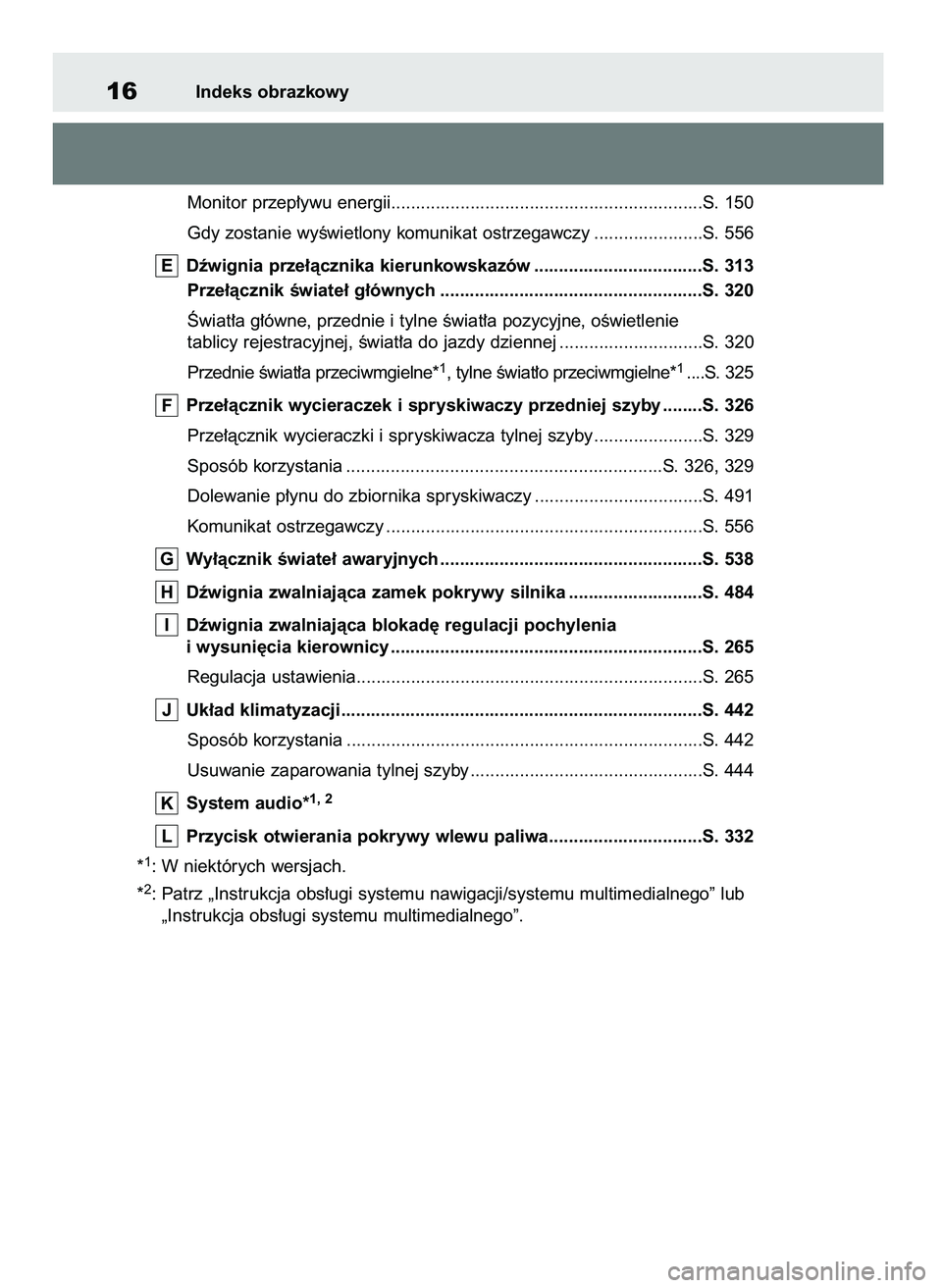 TOYOTA RAV4 2019  Instrukcja obsługi (in Polish) Monitor przep∏ywu energii...............................................................S. 150
Gdy zostanie wyÊwietlony komunikat ostrzegawczy ......................S. 556
Dêwignia prze∏àcznika