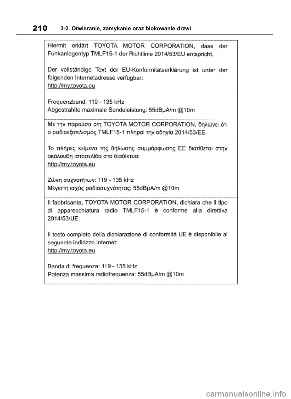 TOYOTA RAV4 2019  Instrukcja obsługi (in Polish) 2103-2. Otwieranie, zamykanie oraz blokowanie drzwi
48 RAV4 HV OM42C86E  19/11/19  11:37  Page 210 