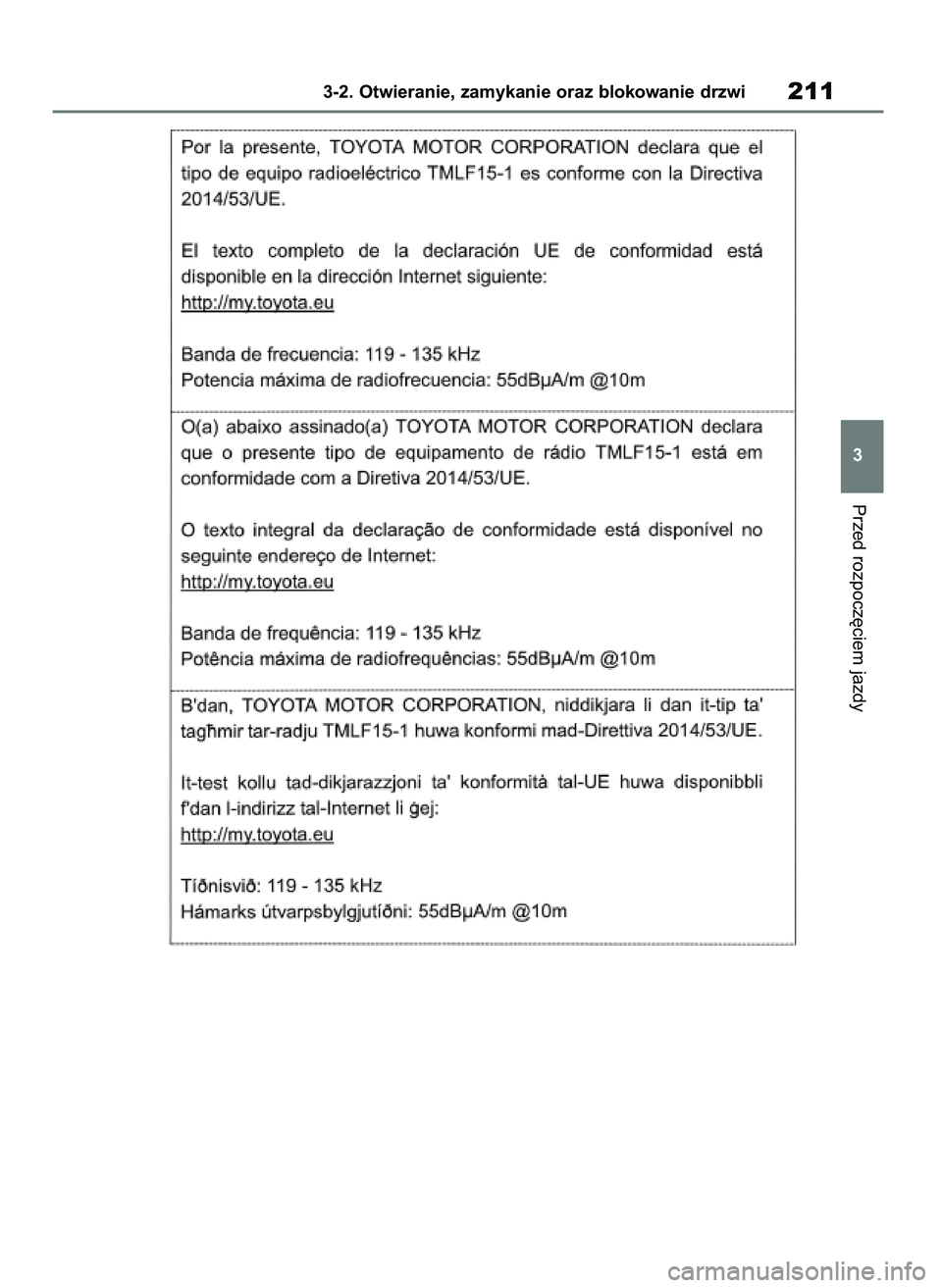 TOYOTA RAV4 2019  Instrukcja obsługi (in Polish) Przed rozpocz´ciem jazdy
3-2. Otwieranie, zamykanie oraz blokowanie drzwi211
3
48 RAV4 HV OM42C86E  19/11/19  11:37  Page 211 