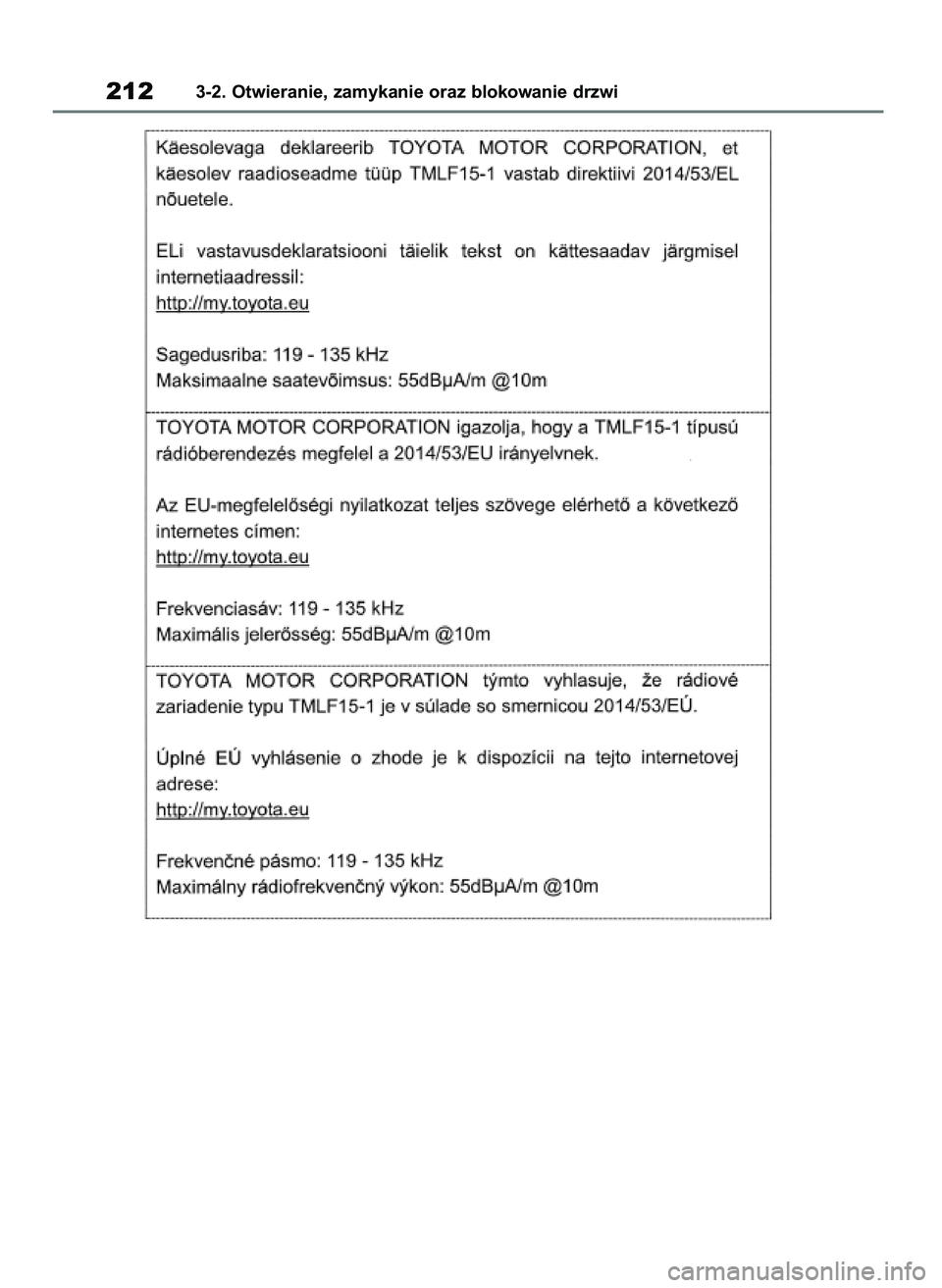 TOYOTA RAV4 2019  Instrukcja obsługi (in Polish) 2123-2. Otwieranie, zamykanie oraz blokowanie drzwi
48 RAV4 HV OM42C86E  19/11/19  11:37  Page 212 