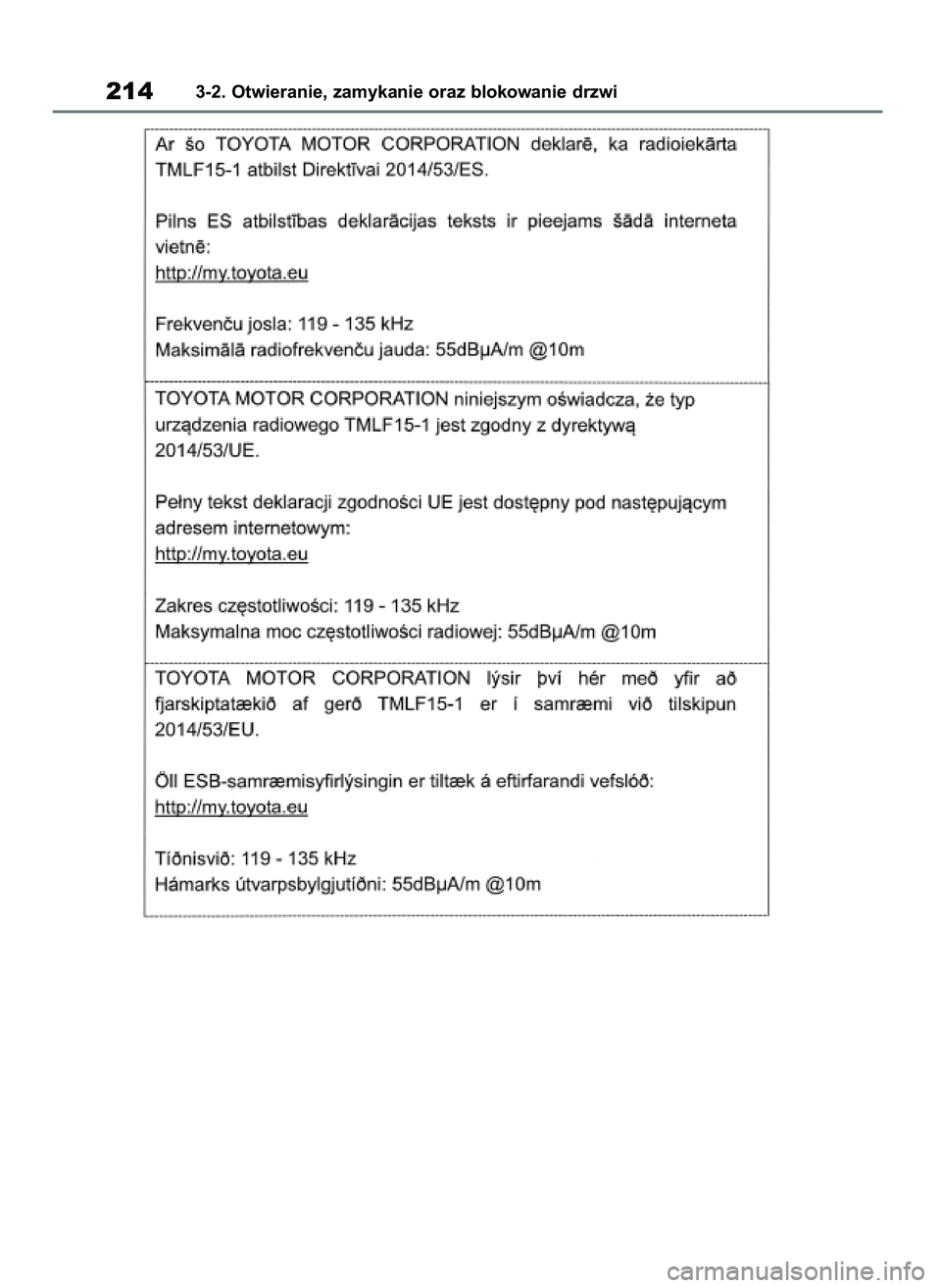TOYOTA RAV4 2019  Instrukcja obsługi (in Polish) 2143-2. Otwieranie, zamykanie oraz blokowanie drzwi
48 RAV4 HV OM42C86E  19/11/19  11:37  Page 214 