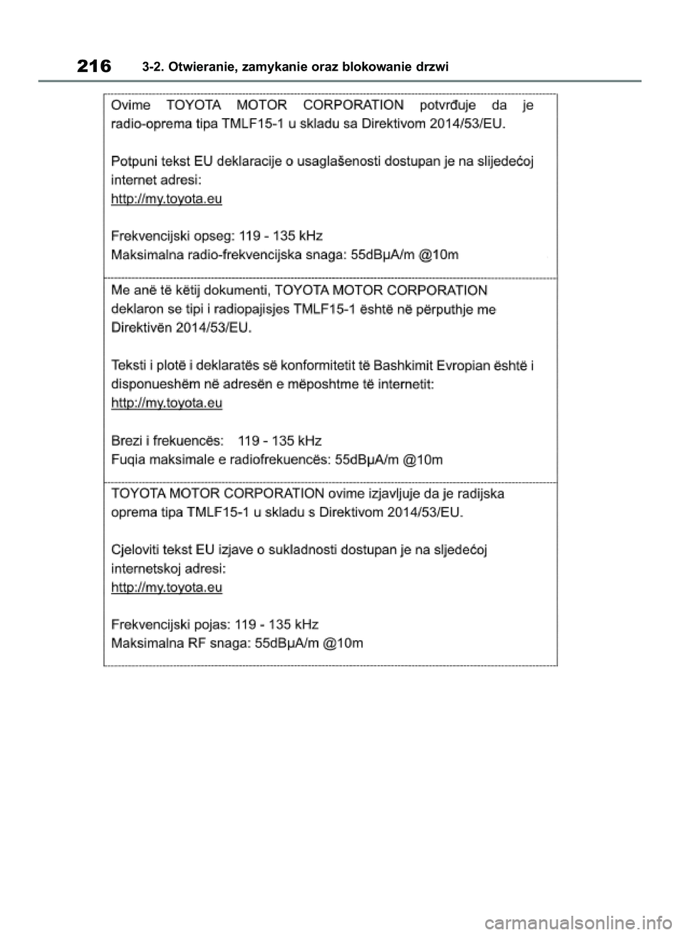 TOYOTA RAV4 2019  Instrukcja obsługi (in Polish) 2163-2. Otwieranie, zamykanie oraz blokowanie drzwi
48 RAV4 HV OM42C86E  19/11/19  11:37  Page 216 