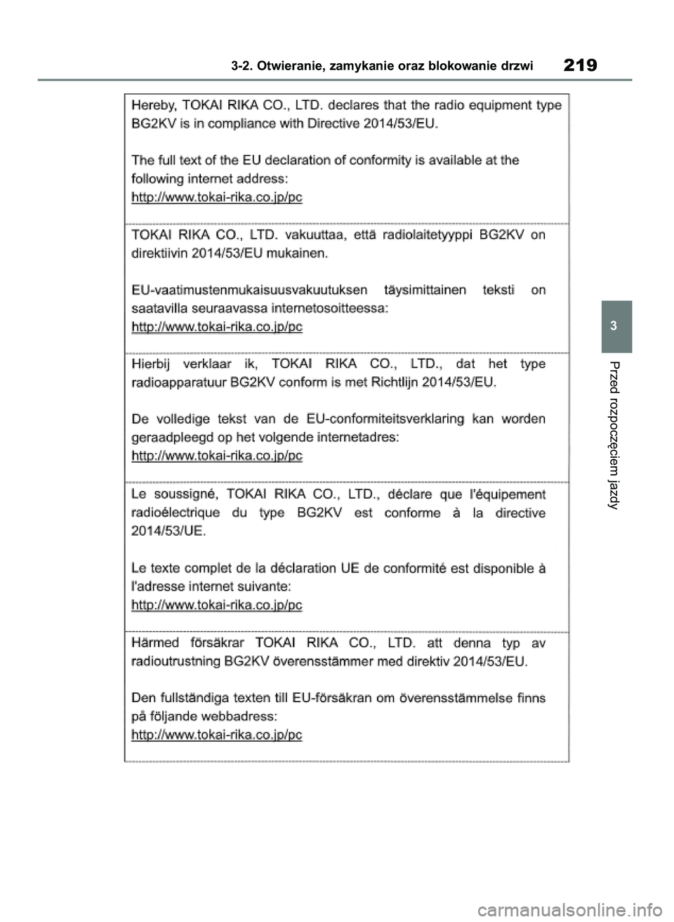 TOYOTA RAV4 2019  Instrukcja obsługi (in Polish) Przed rozpocz´ciem jazdy
3-2. Otwieranie, zamykanie oraz blokowanie drzwi219
3
48 RAV4 HV OM42C86E  19/11/19  11:37  Page 219 