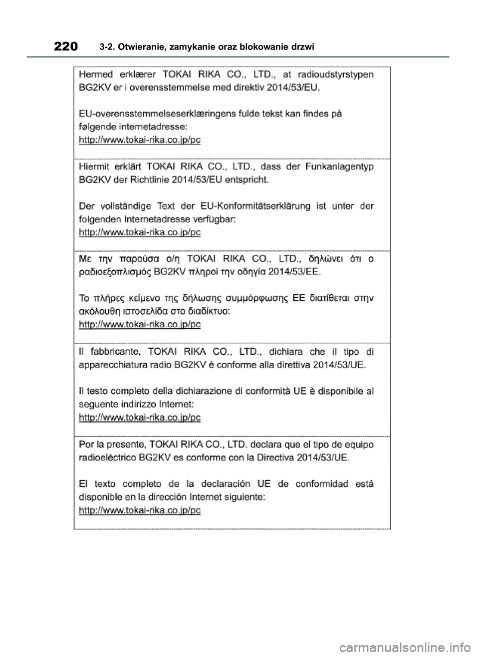 TOYOTA RAV4 2019  Instrukcja obsługi (in Polish) 2203-2. Otwieranie, zamykanie oraz blokowanie drzwi
48 RAV4 HV OM42C86E  19/11/19  11:37  Page 220 