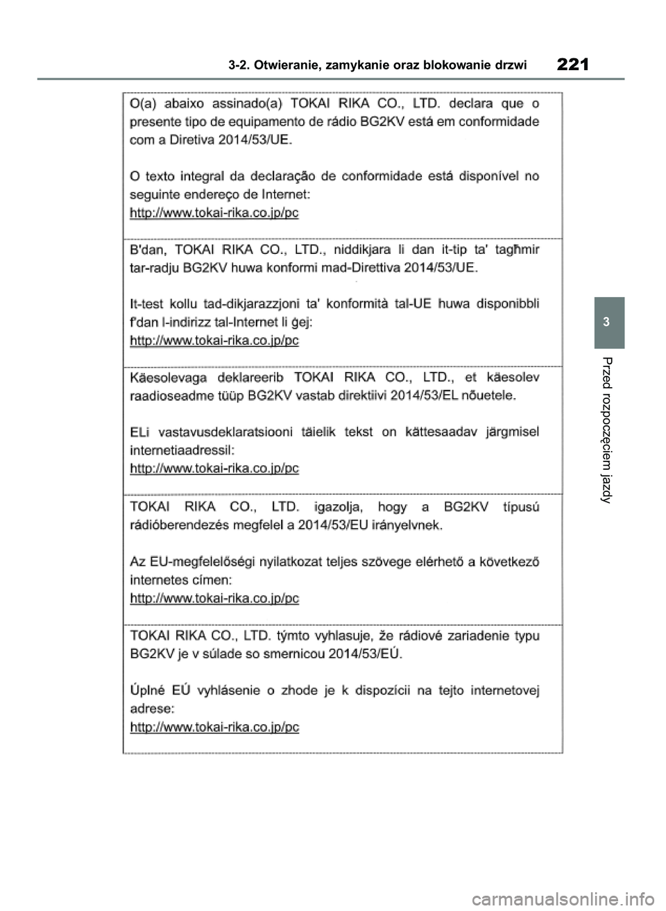 TOYOTA RAV4 2019  Instrukcja obsługi (in Polish) Przed rozpocz´ciem jazdy
3-2. Otwieranie, zamykanie oraz blokowanie drzwi221
3
48 RAV4 HV OM42C86E  19/11/19  11:37  Page 221 