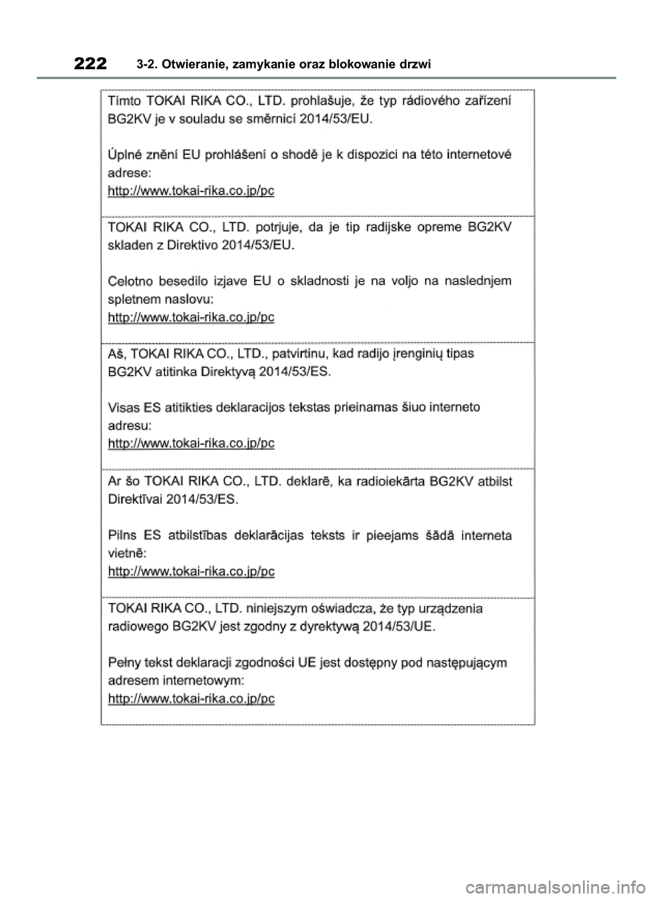 TOYOTA RAV4 2019  Instrukcja obsługi (in Polish) 2223-2. Otwieranie, zamykanie oraz blokowanie drzwi
48 RAV4 HV OM42C86E  19/11/19  11:37  Page 222 