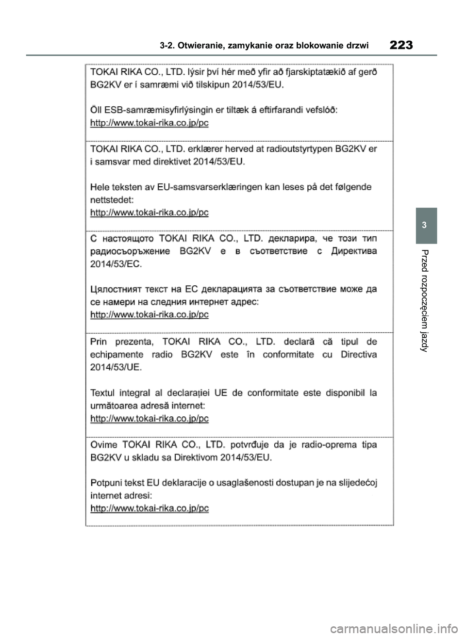 TOYOTA RAV4 2019  Instrukcja obsługi (in Polish) Przed rozpocz´ciem jazdy
3-2. Otwieranie, zamykanie oraz blokowanie drzwi223
3
48 RAV4 HV OM42C86E  19/11/19  11:37  Page 223 