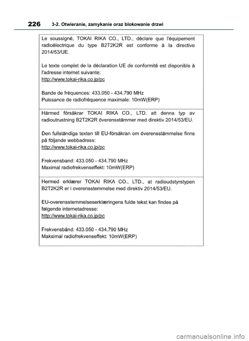 TOYOTA RAV4 2019  Instrukcja obsługi (in Polish) 2263-2. Otwieranie, zamykanie oraz blokowanie drzwi
48 RAV4 HV OM42C86E  19/11/19  11:37  Page 226 