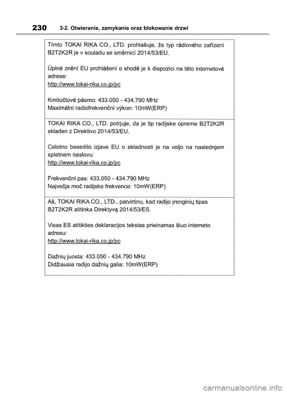 TOYOTA RAV4 2019  Instrukcja obsługi (in Polish) 2303-2. Otwieranie, zamykanie oraz blokowanie drzwi
48 RAV4 HV OM42C86E  19/11/19  11:37  Page 230 