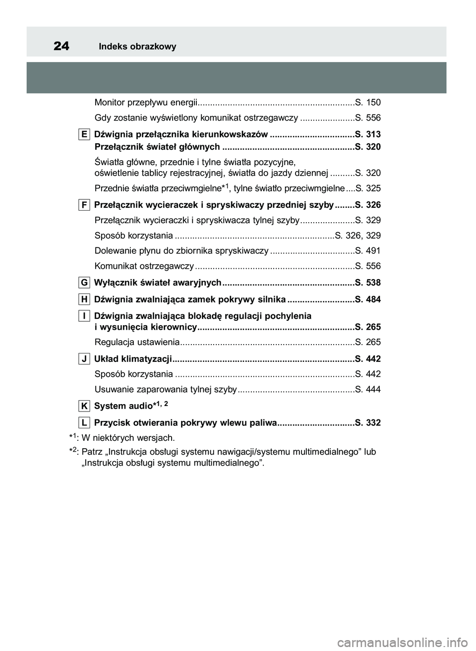 TOYOTA RAV4 2019  Instrukcja obsługi (in Polish) Monitor przep∏ywu energii...............................................................S. 150
Gdy zostanie wyÊwietlony komunikat ostrzegawczy ......................S. 556
Dêwignia prze∏àcznika