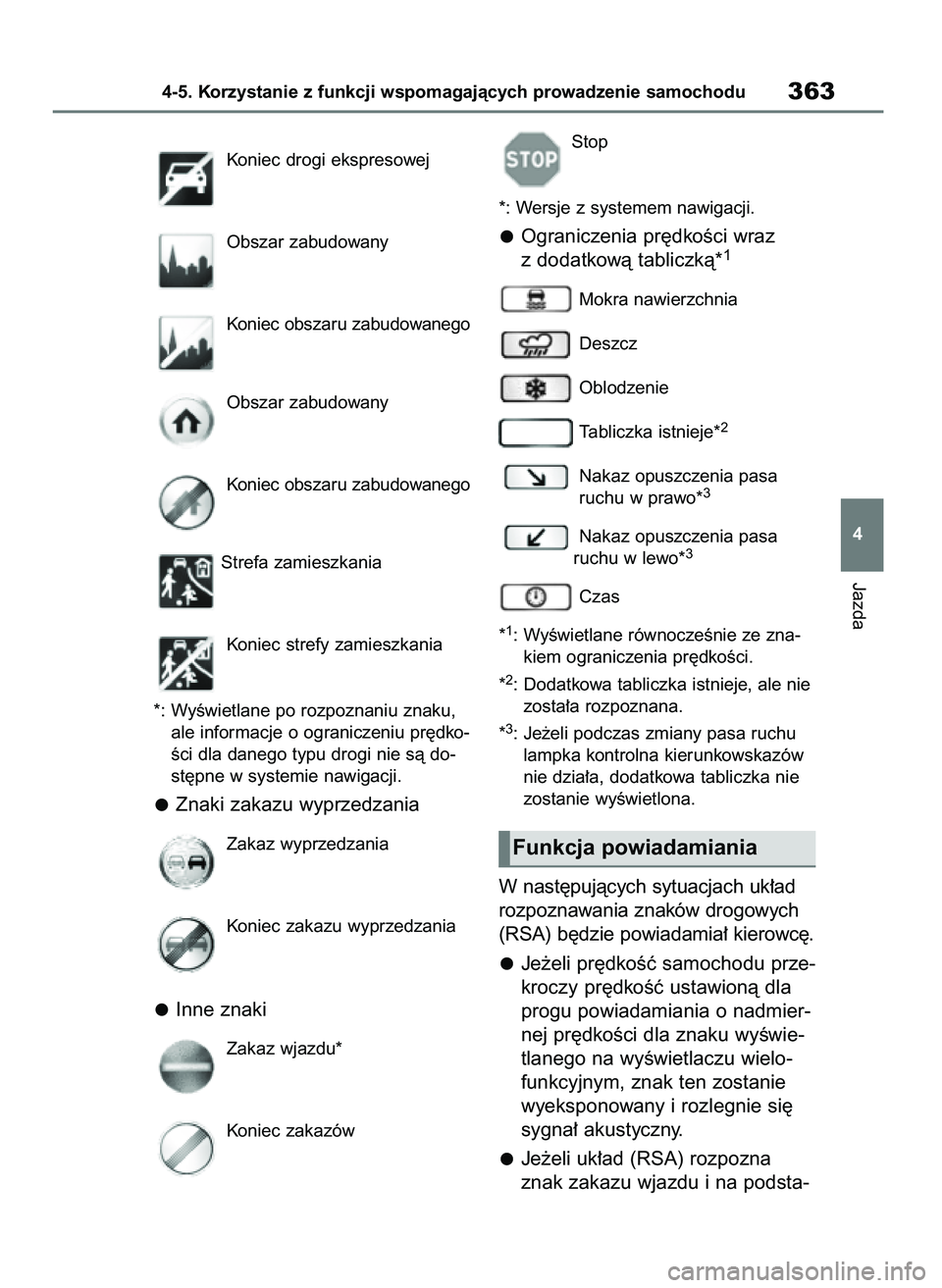 TOYOTA RAV4 2019  Instrukcja obsługi (in Polish) Koniec drogi ekspresowej
Obszar zabudowany
Koniec obszaru zabudowanego
Obszar zabudowany
Koniec obszaru zabudowanego
Strefa zamieszkania
Koniec strefy zamieszkania
*: WyÊwietlane po rozpoznaniu znaku