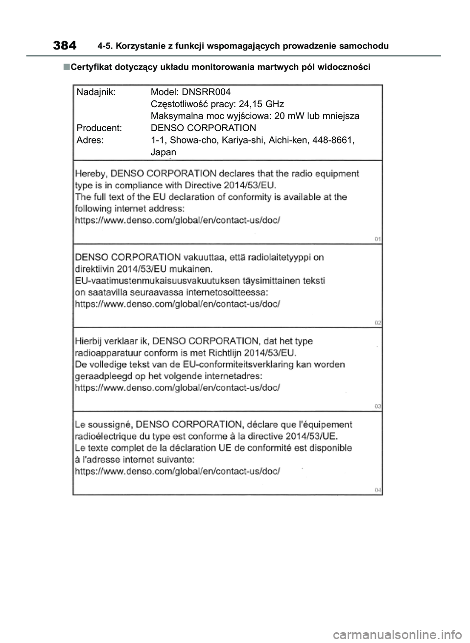 TOYOTA RAV4 2019  Instrukcja obsługi (in Polish) Certyfikat dotyczàcy uk∏adu monitorowania martwych pól widocznoÊci
3844-5. Korzystanie z funkcji wspomagajàcych prowadzenie samochodu
Nadajnik: Model: DNSRR004
Cz´stotliwoÊç pracy: 24,15 GHz
