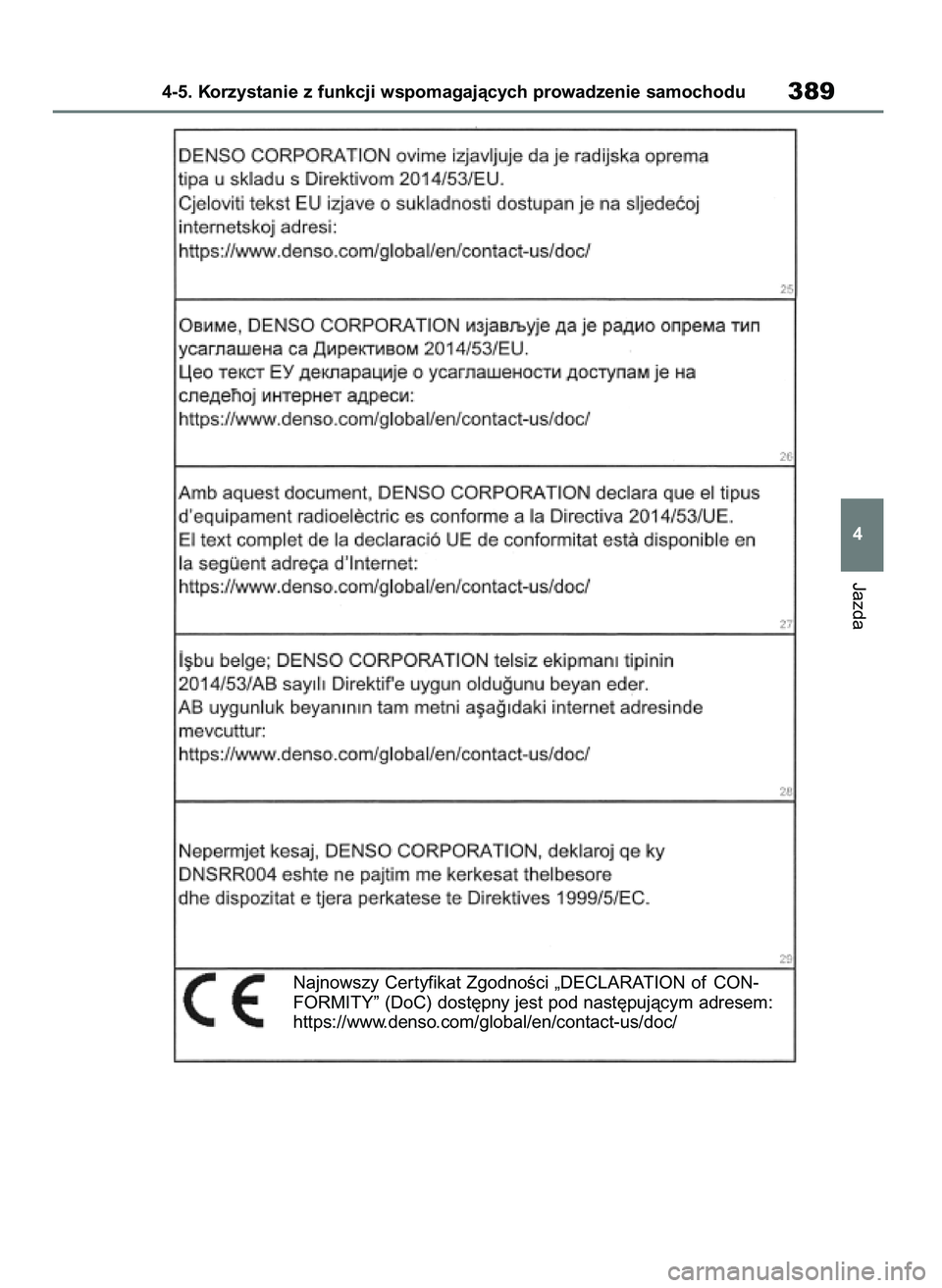 TOYOTA RAV4 2019  Instrukcja obsługi (in Polish) Jazda
4-5. Korzystanie z funkcji wspomagajàcych prowadzenie samochodu389
4
Najnowszy Cer tyfikat ZgodnoÊci „DECLARATION of CON-
FORMITY” (DoC) dost´pny jest pod nast´pujàcym adresem:
https://
