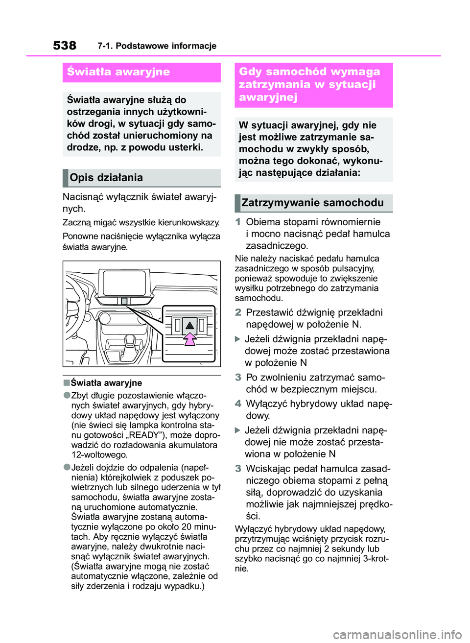 TOYOTA RAV4 2019  Instrukcja obsługi (in Polish) Nacisnàç wy∏àcznik Êwiate∏ awaryj-
nych.
Zacznà migaç wszystkie kierunkowskazy.
Ponowne naciÊni´cie wy∏àcznika wy∏àcza
Êwiat∏a awaryjne.
Âwiat∏a awaryjne
Zbyt d∏ugie pozostaw