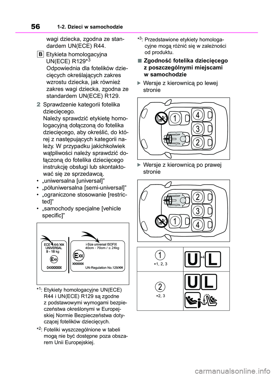 TOYOTA RAV4 2019 Instrukcja obsługi (in Polish) wagi dziecka, zgodna ze stan-
dardem UN(ECE) R44.
Etykieta homologacyjna
UN(ECE) R129*
3
Odpowiednia dla fotelików dzie-
ci´cych okreÊlajàcych zakres
wzrostu dziecka, jak równie˝
zakres wagi dzi TOYOTA RAV4 2019 Instrukcja obsługi (in Polish) wagi dziecka, zgodna ze stan-
dardem UN(ECE) R44.
Etykieta homologacyjna
UN(ECE) R129*
3
Odpowiednia dla fotelików dzie-
ci´cych okreÊlajàcych zakres
wzrostu dziecka, jak równie˝
zakres wagi dzi