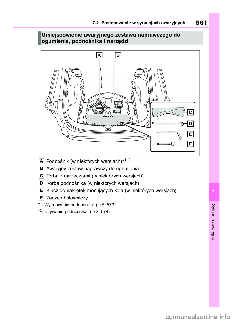 TOYOTA RAV4 2019  Instrukcja obsługi (in Polish) PodnoÊnik (w niektórych wersjach)*1, 2
Awaryjny zestaw naprawczy do ogumienia
Torba z narz´dziami (w niektórych wersjach)
Korba podnoÊnika (w niektórych wersjach)
Klucz do nakr´tek mocujàcych 